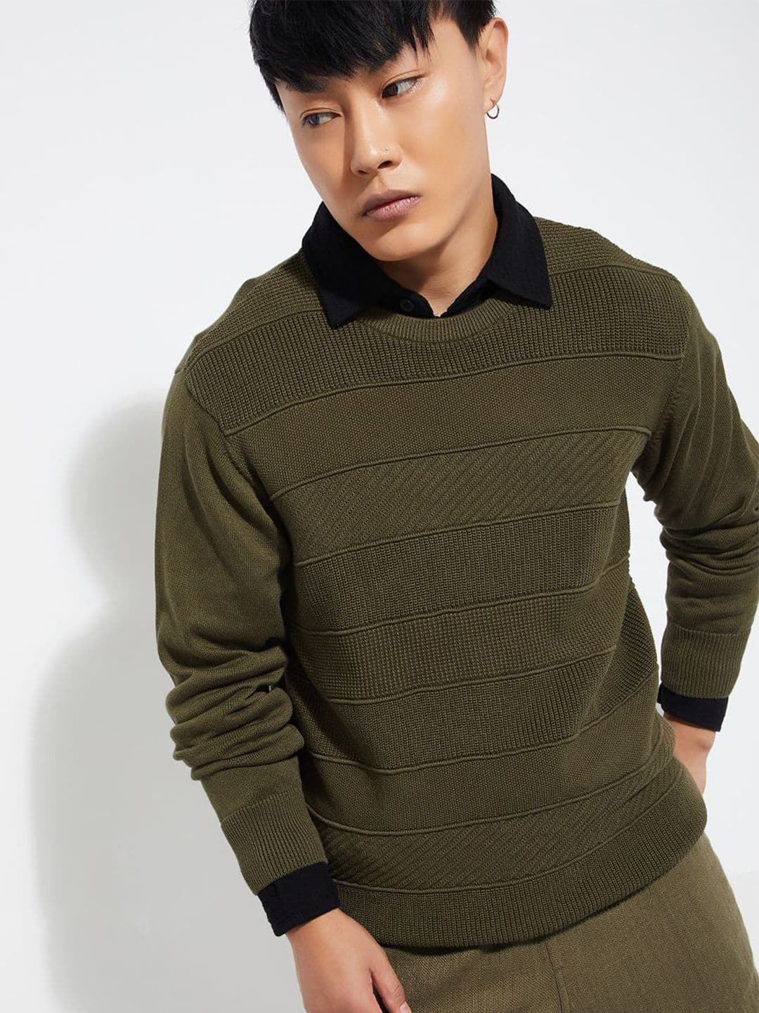 max Men Geometric Round Neck Long Sleeves Cotton Pullover Sweaters - view 1
