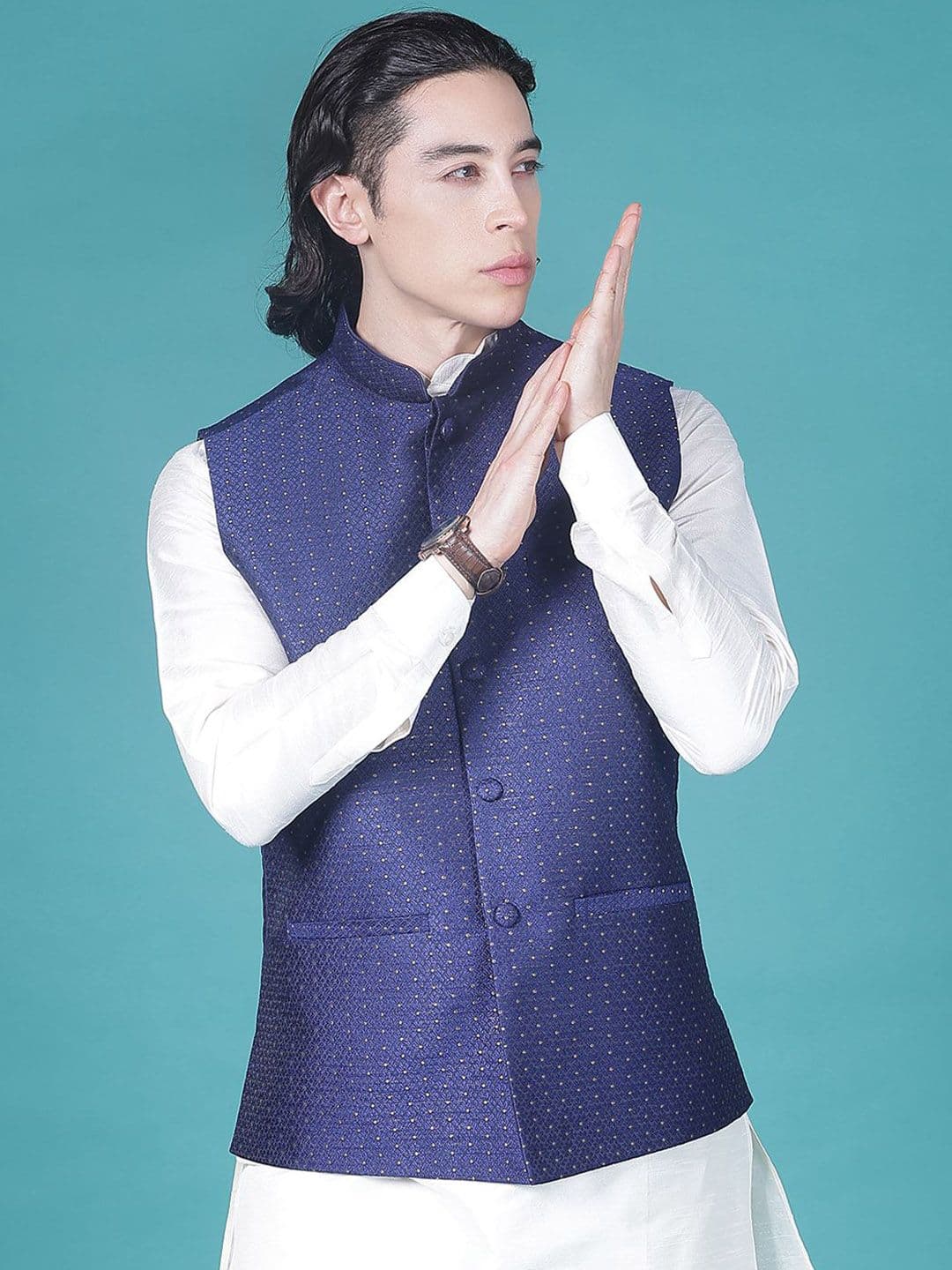 V-Mart Embroidered Mandarin Collar Woven Nehru Jacket - view 1