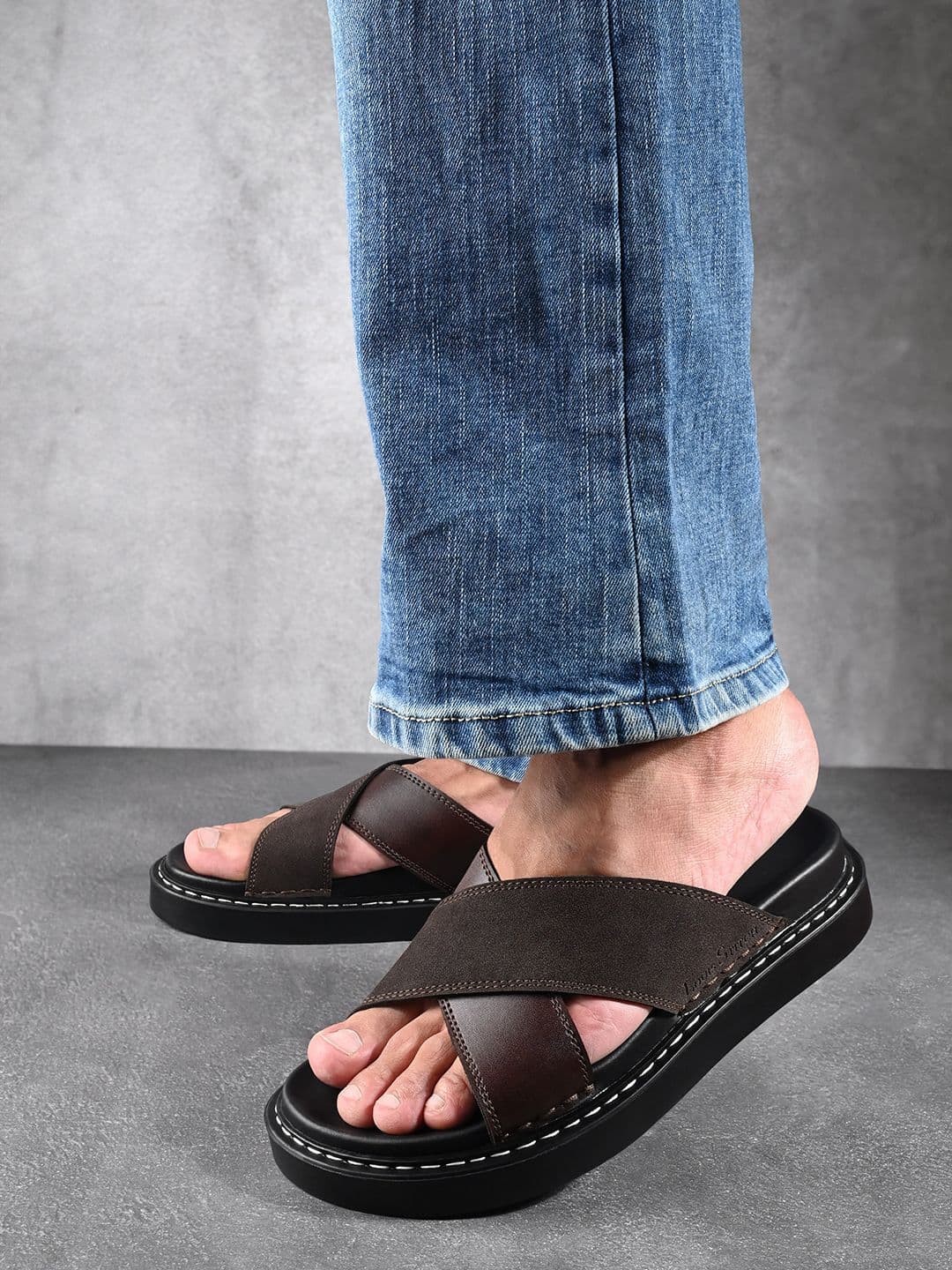 LOUIS STITCH Men Brunette Brown Cross Strap Slip-On Comfort Sandals - view 1
