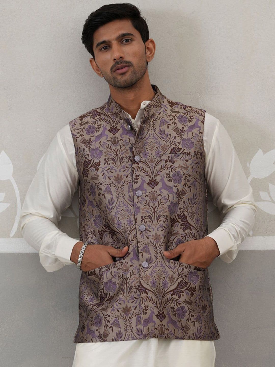 Jompers Woven Design Mandarin Collar Nehru Jacket - view 1