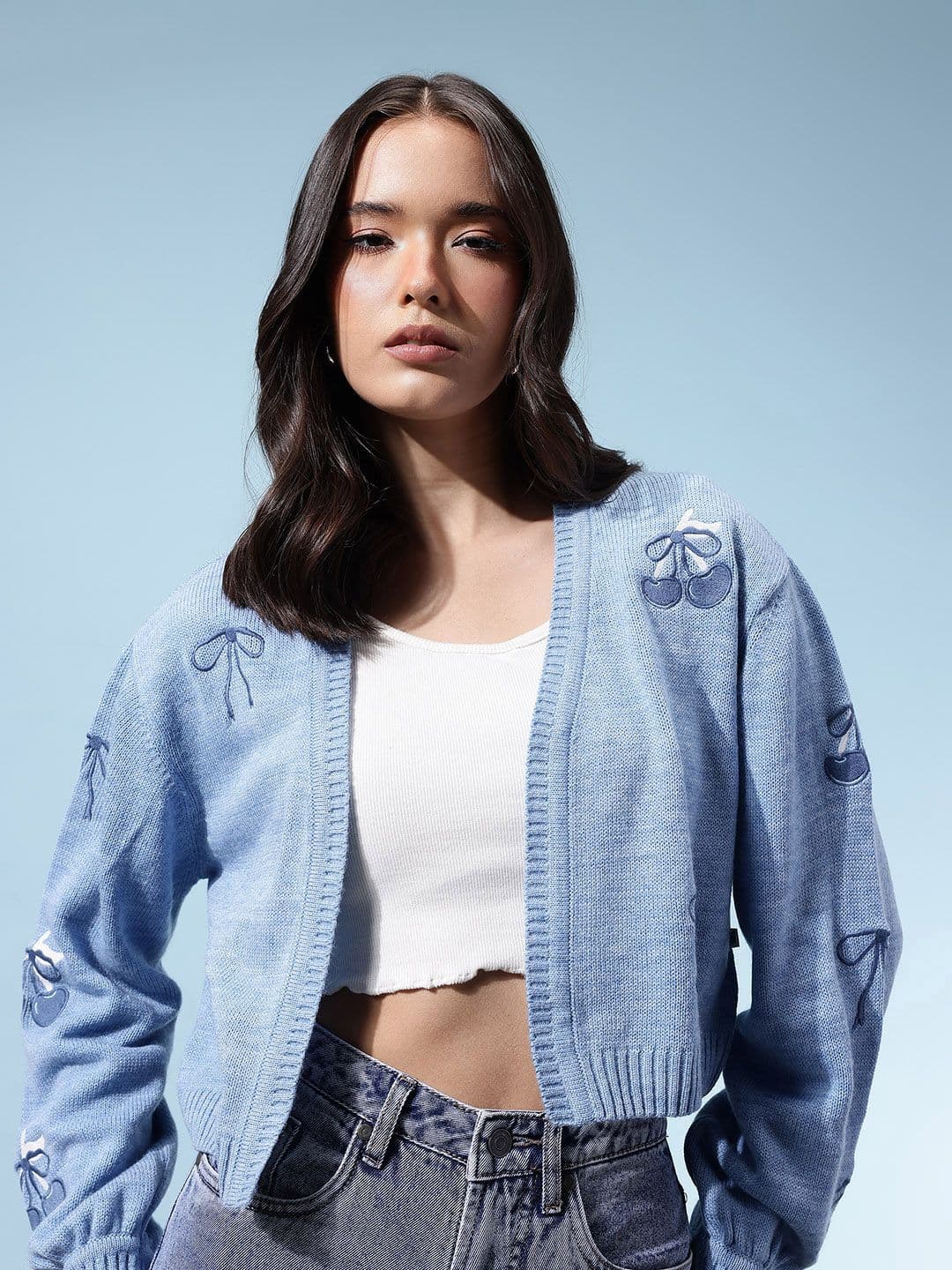 glitchez Crop Front Open Conversational Print Sweater with Embroidered Detail - view 1