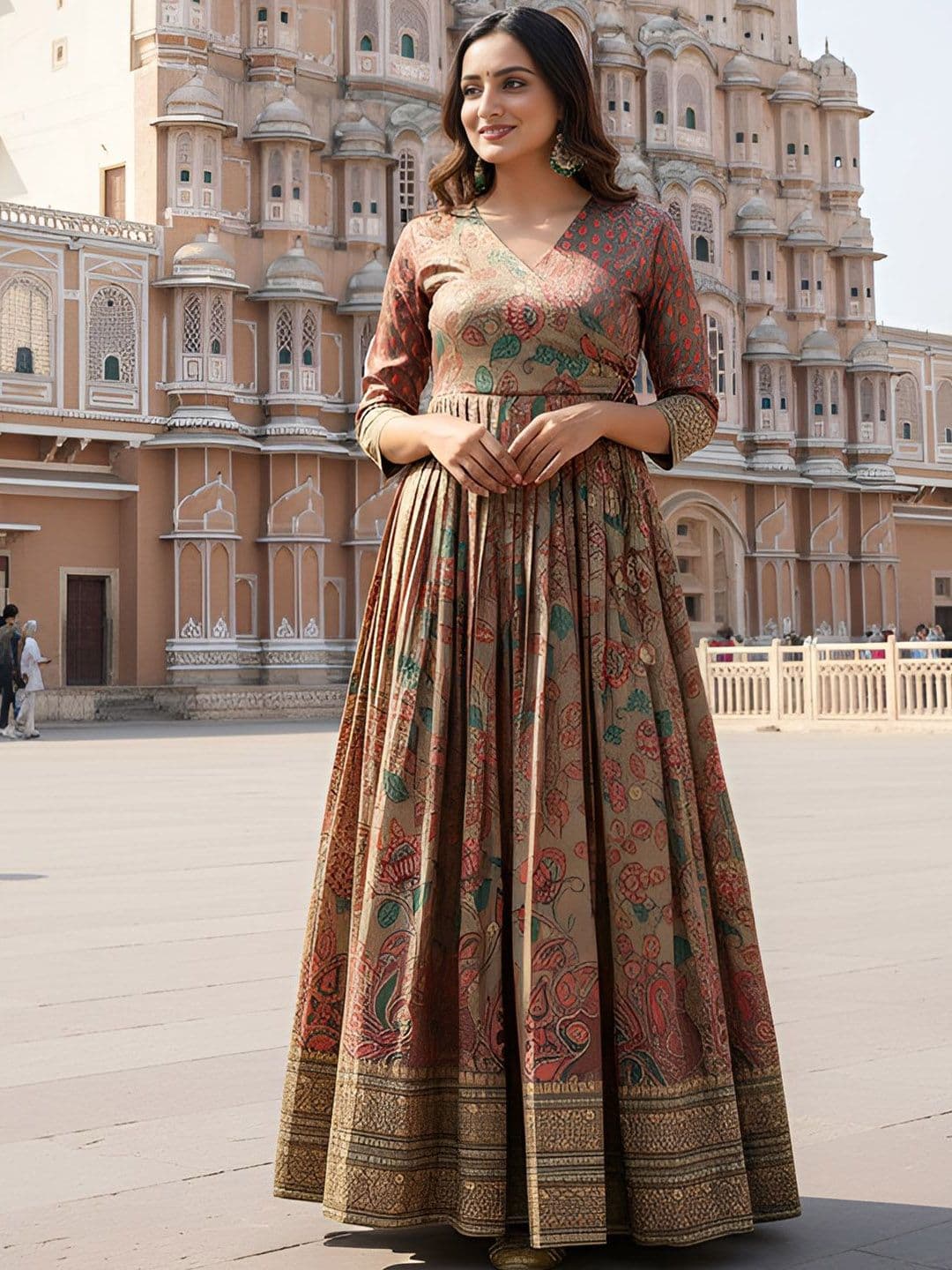 KALANANDI Women Kalamkari Printed V-Neck Fit & Flared Ethnic Dresses - view 1