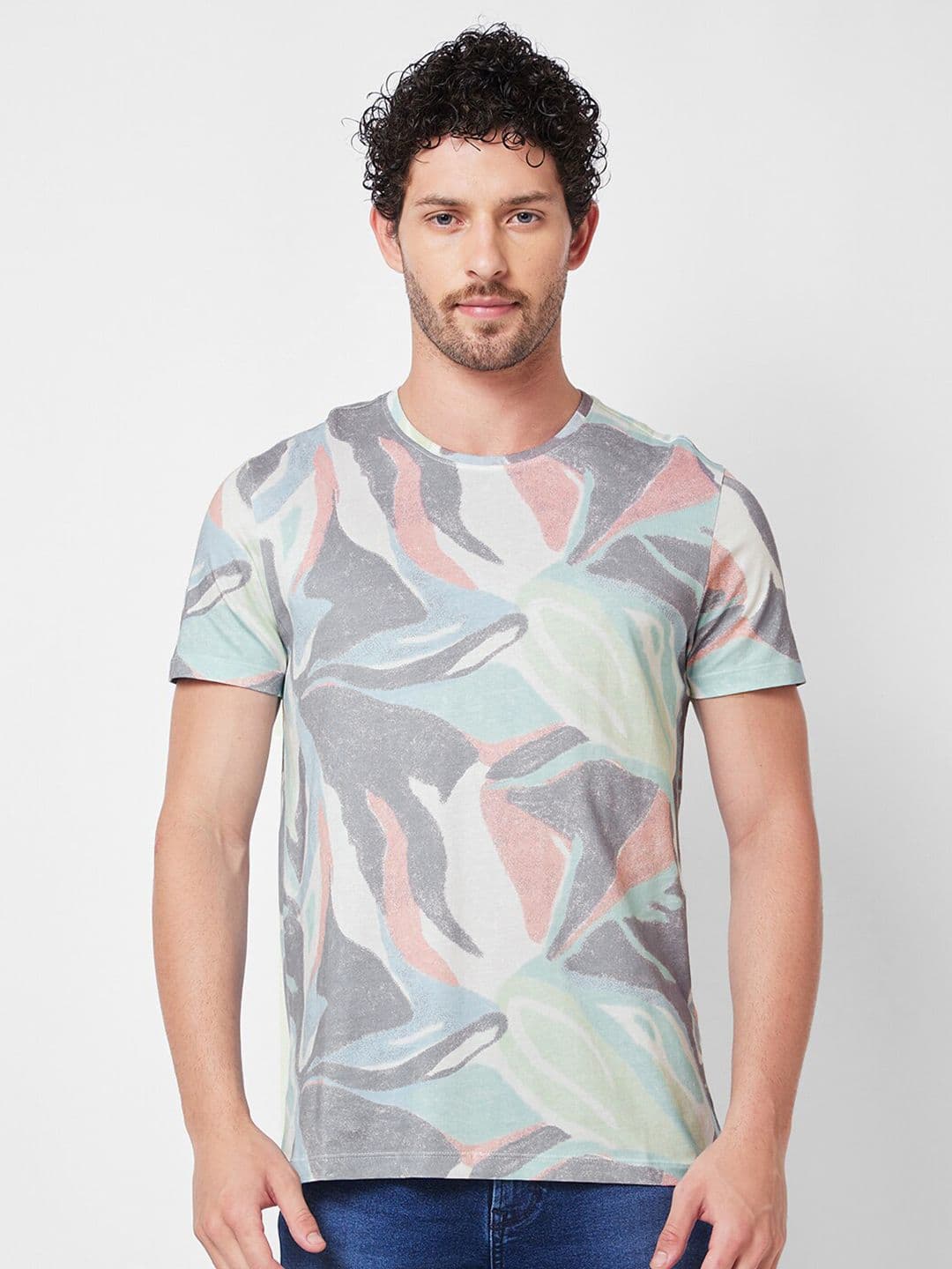 SPYKAR Round Neck Short Sleeves Printed Slim Fit Cotton T-shirt - view 1