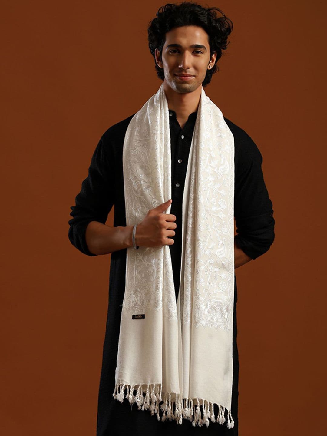 Tweedle Men Kashmiri Aari Embroidery Stole with Fringed Border - view 1