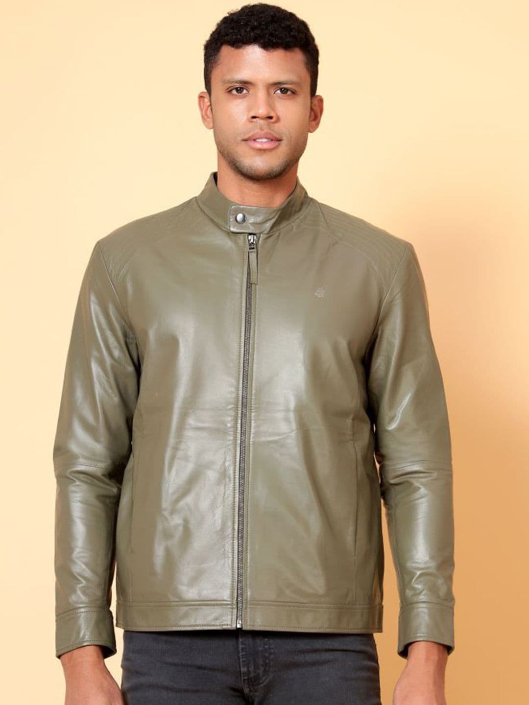 Tortoise Men Mandarin Collar Solid Lightweight Leather Jacket - view 1