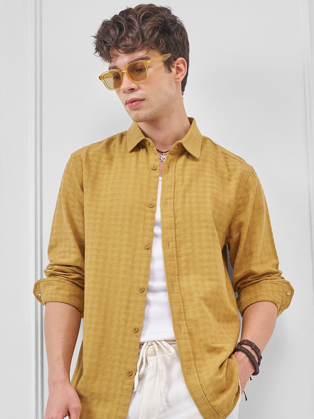 HIGHLANDER Men Relaxed Fit Textured Spread Collar Casual Shirt - view 1