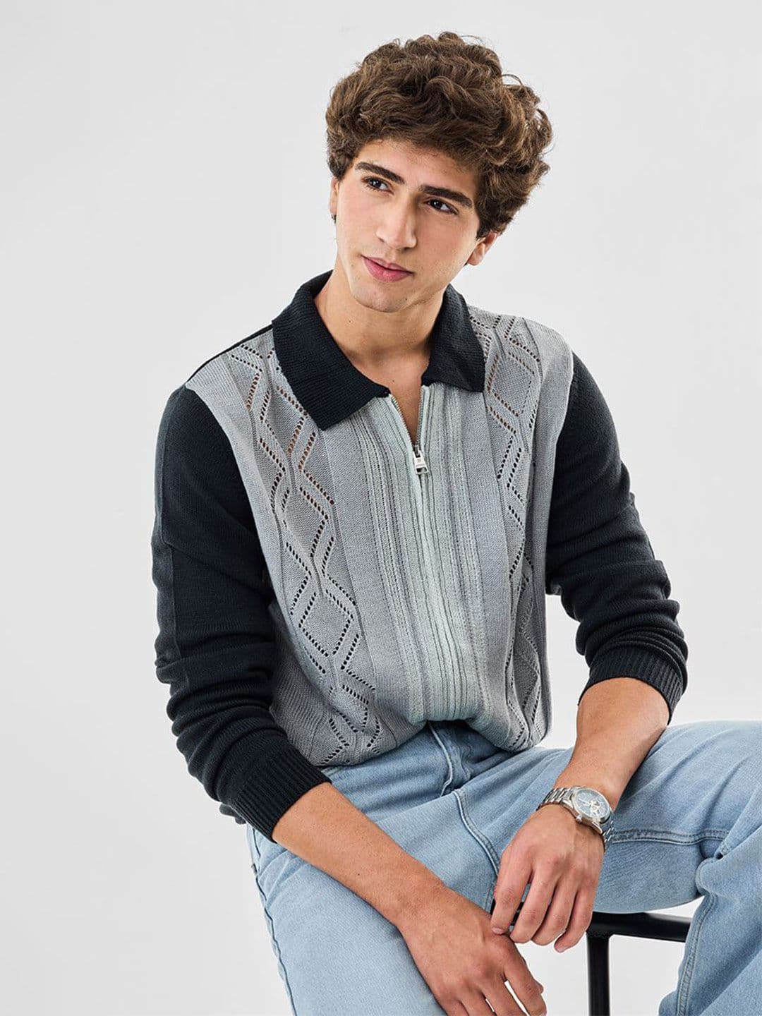 Snitch Men Geometric Shirt Collar Long Sleeves Pullover - view 1