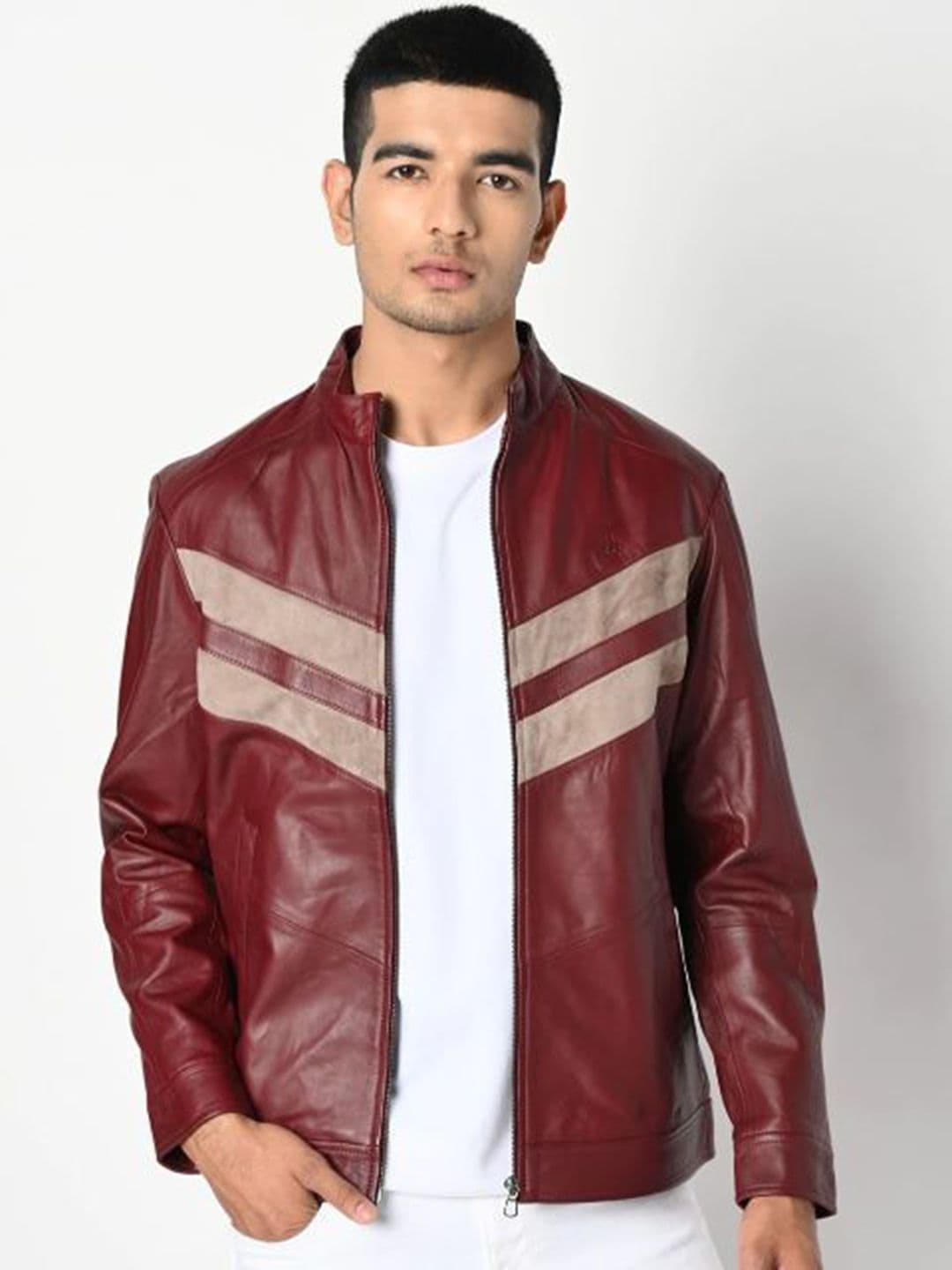 Tortoise Colorblocked Mock Collar Leather Jacket - view 1