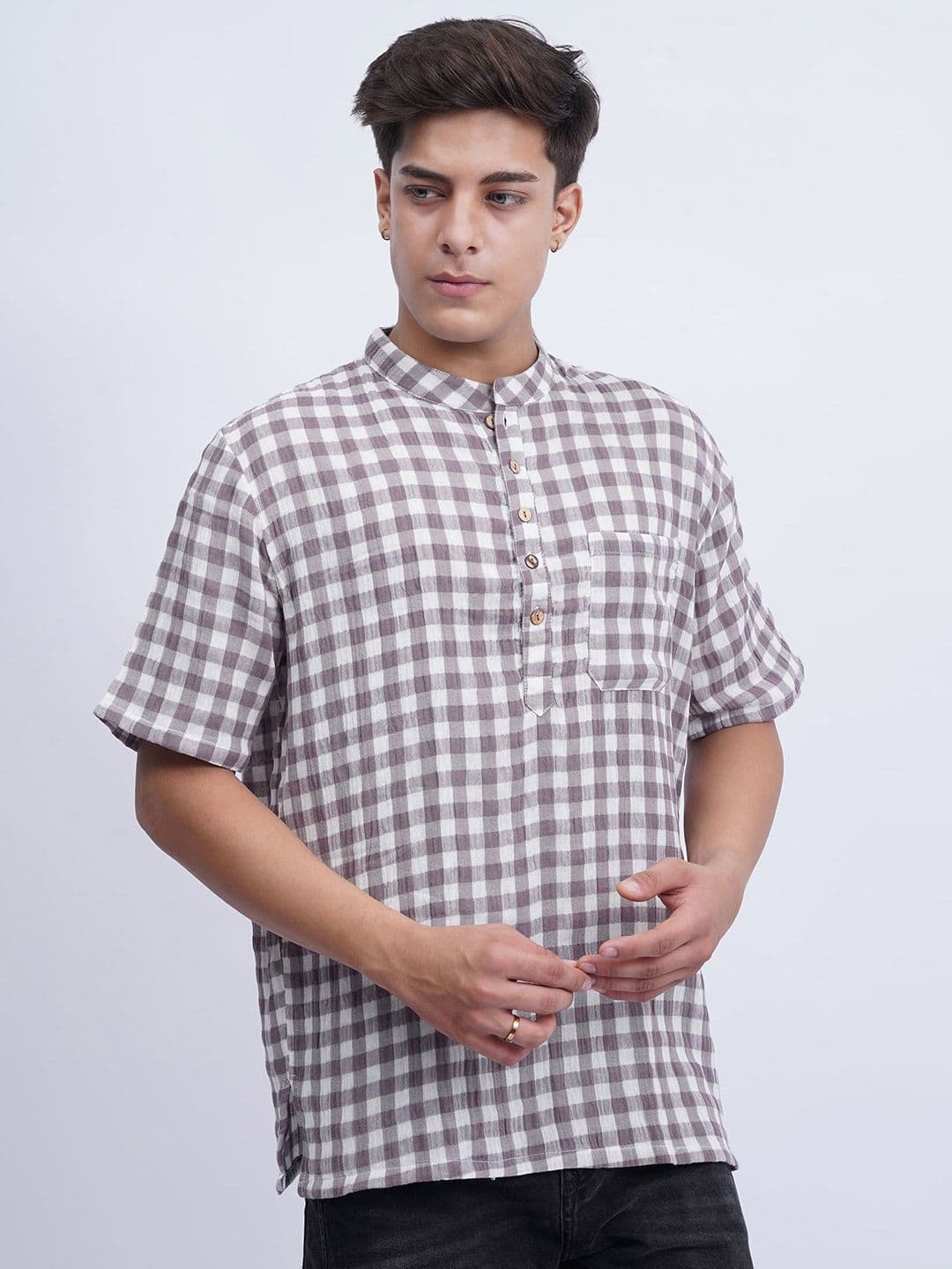 Cot'N Soft Checked Mandarin Collar Cotton Kurta - view 1