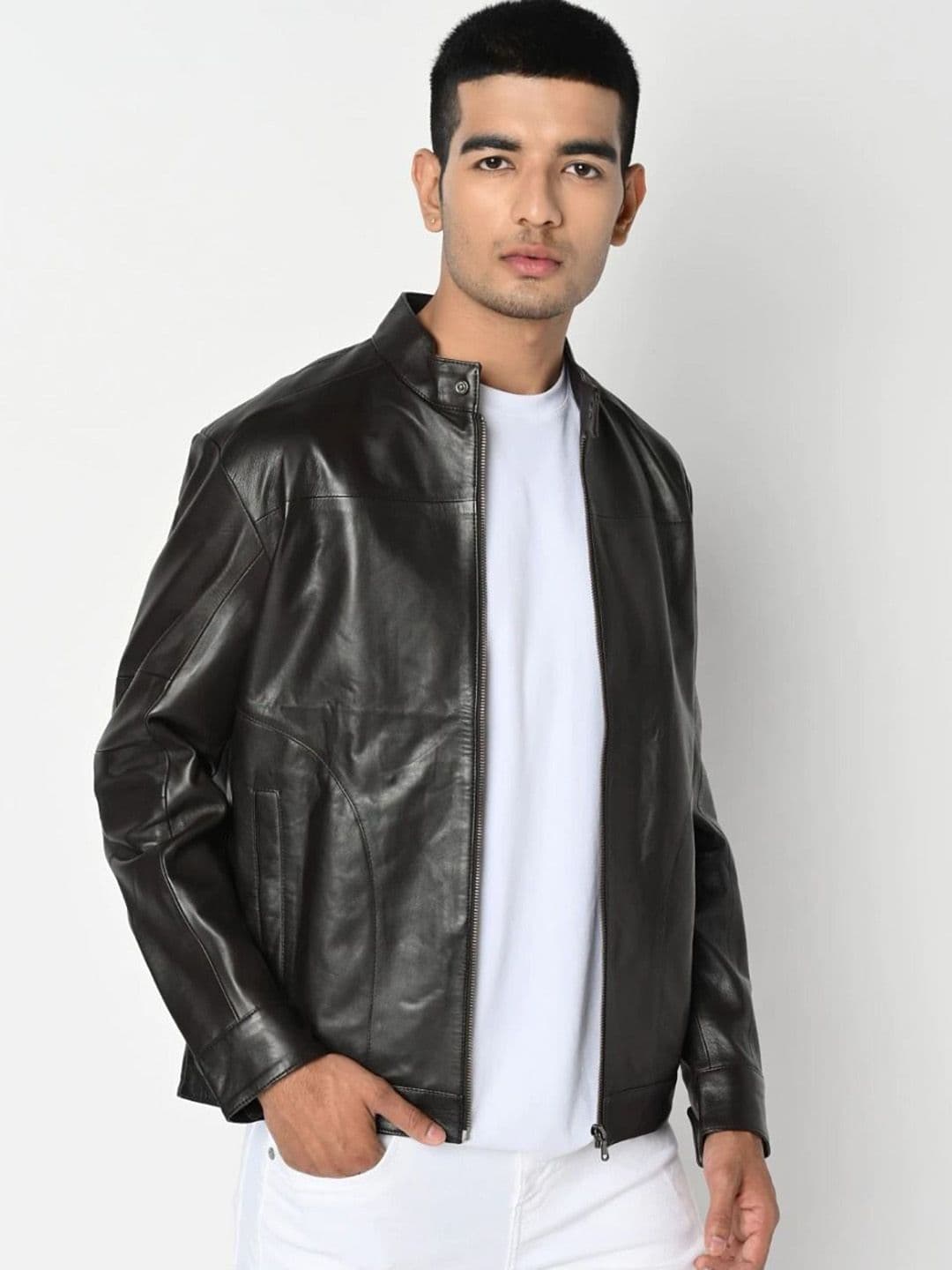 Tortoise Men Mandarin Collar Solid Lightweight Brown Leather Jacket - view 1