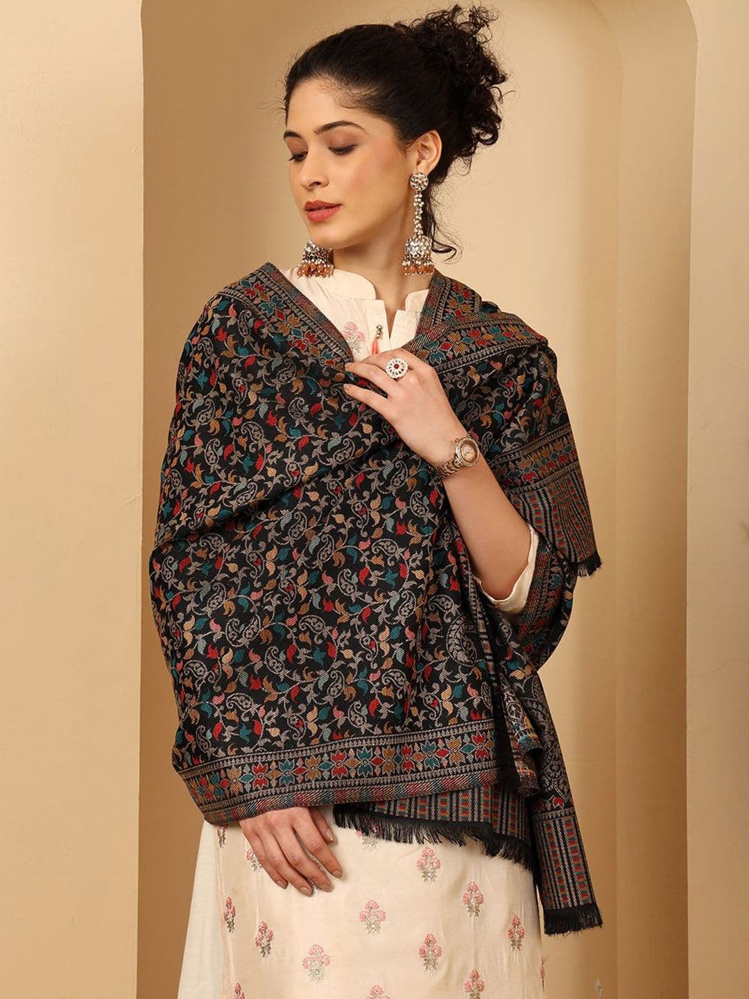Tweedle Floral Woven Design Fringed Acrylic Shawl - view 1