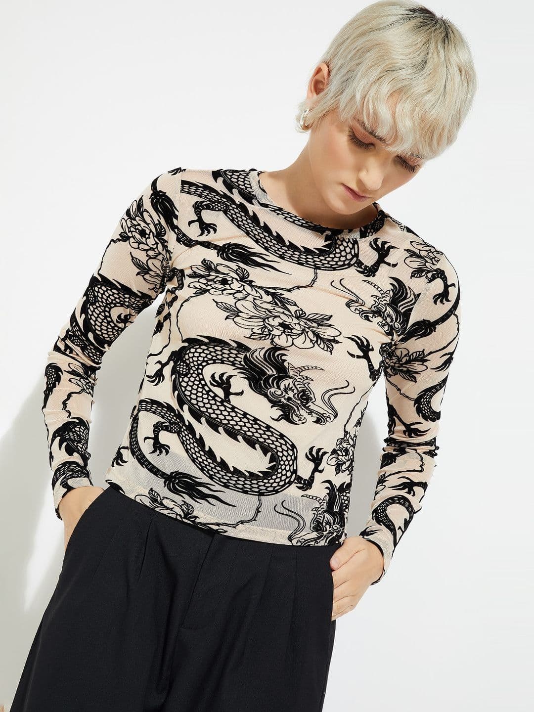 max Women Boat Neck Graphic Printed Fitted Top - view 1