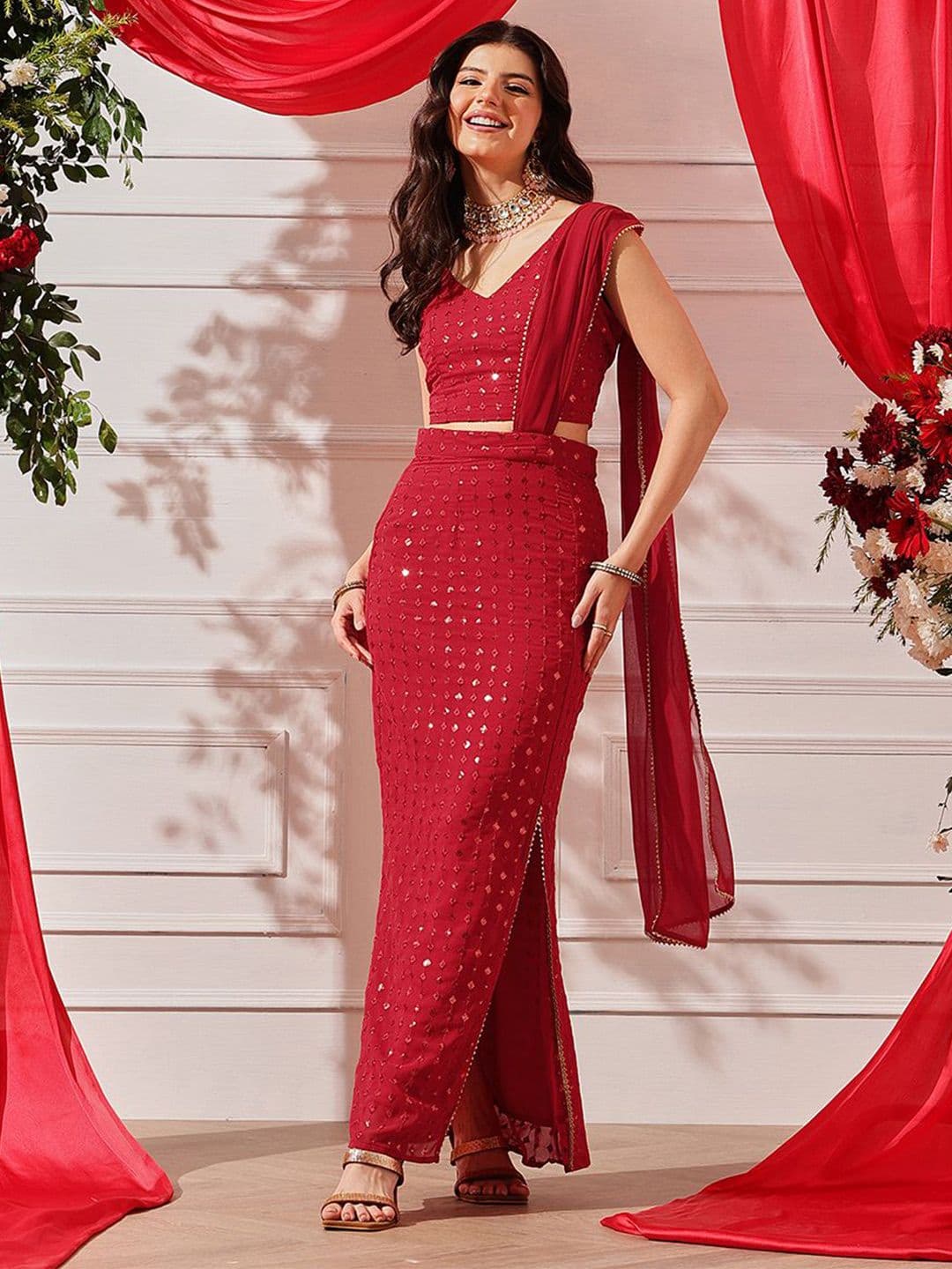 indo street Embroidered Sequinned Ready to Wear Lehenga & Blouse With Dupatta - view 1
