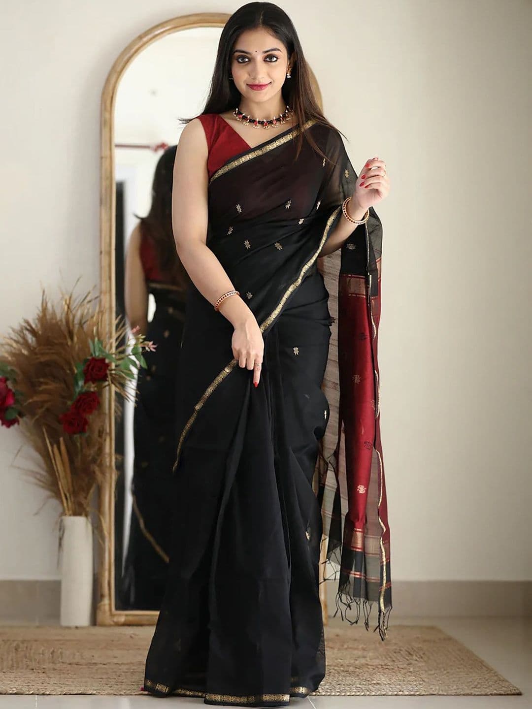 Moda Rapido Women Black Woven Design Cotton Silk Designer Saree - view 1
