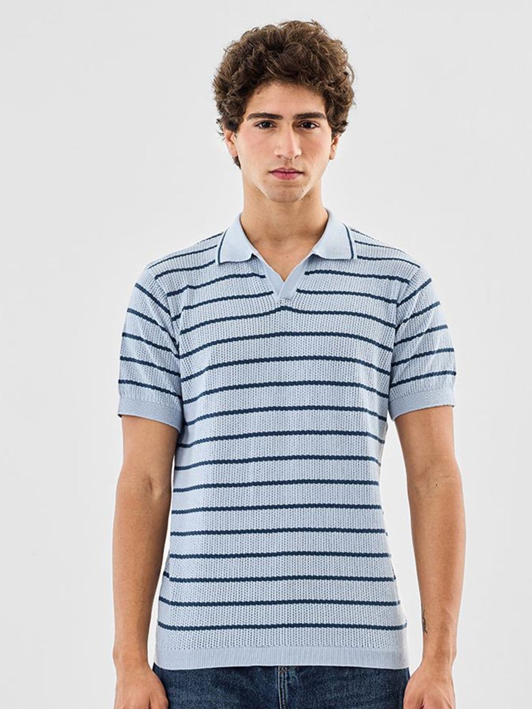 Snitch Striped Polo Collar Drop-Shoulder Sleeves Pure Cotton T-shirt - view 1