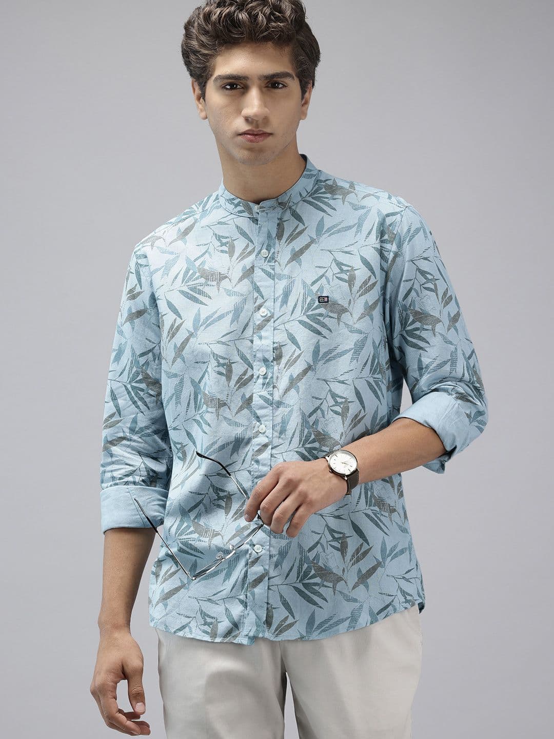 Arrow Sport Manhattan Slim Fit Tropical Printed Band Collar Pure Cotton Casual Shirt - view 1