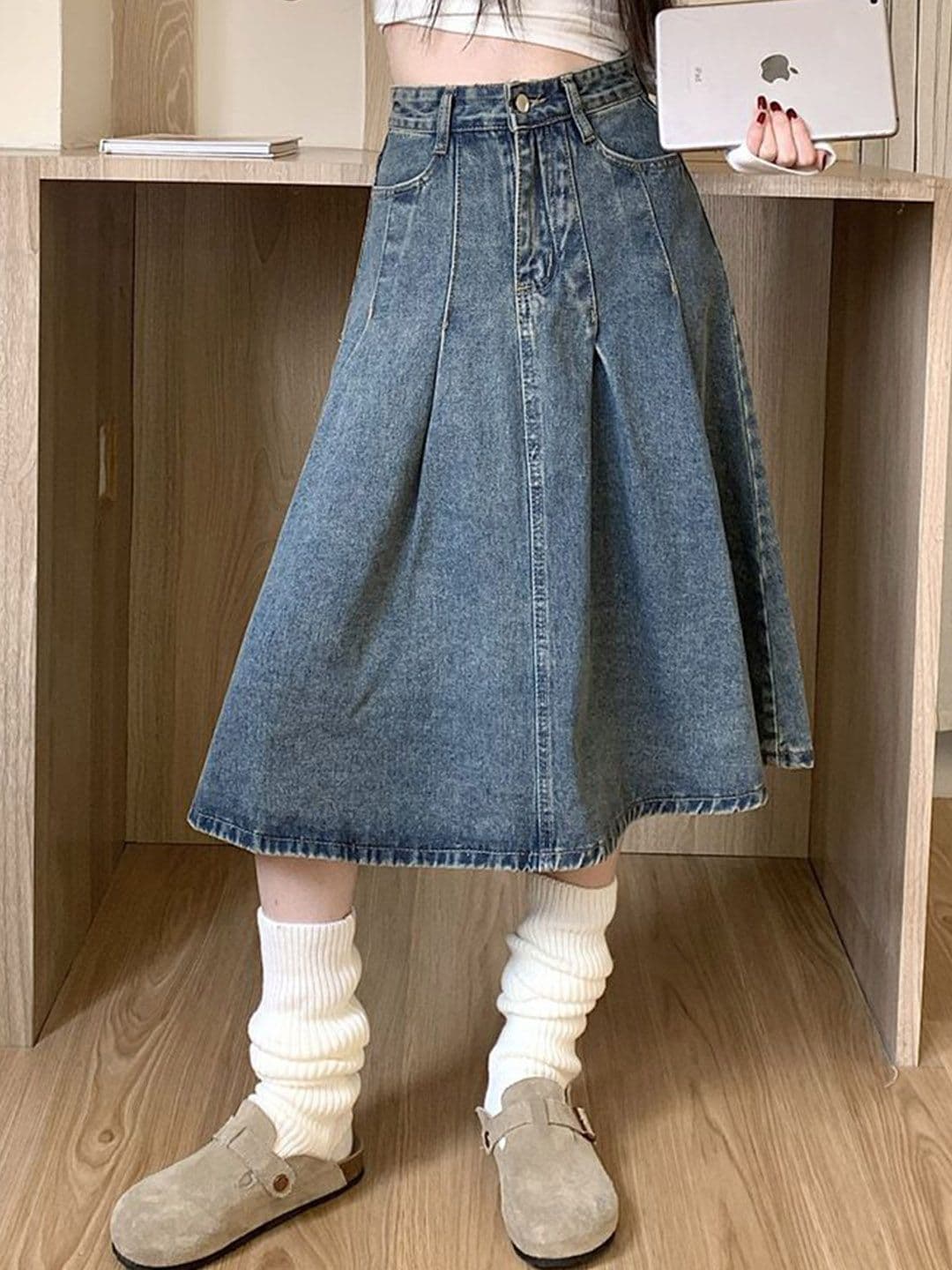 StyleCast x Revolte Women Solid Flared Frayed Denim Midi Skirts - view 1