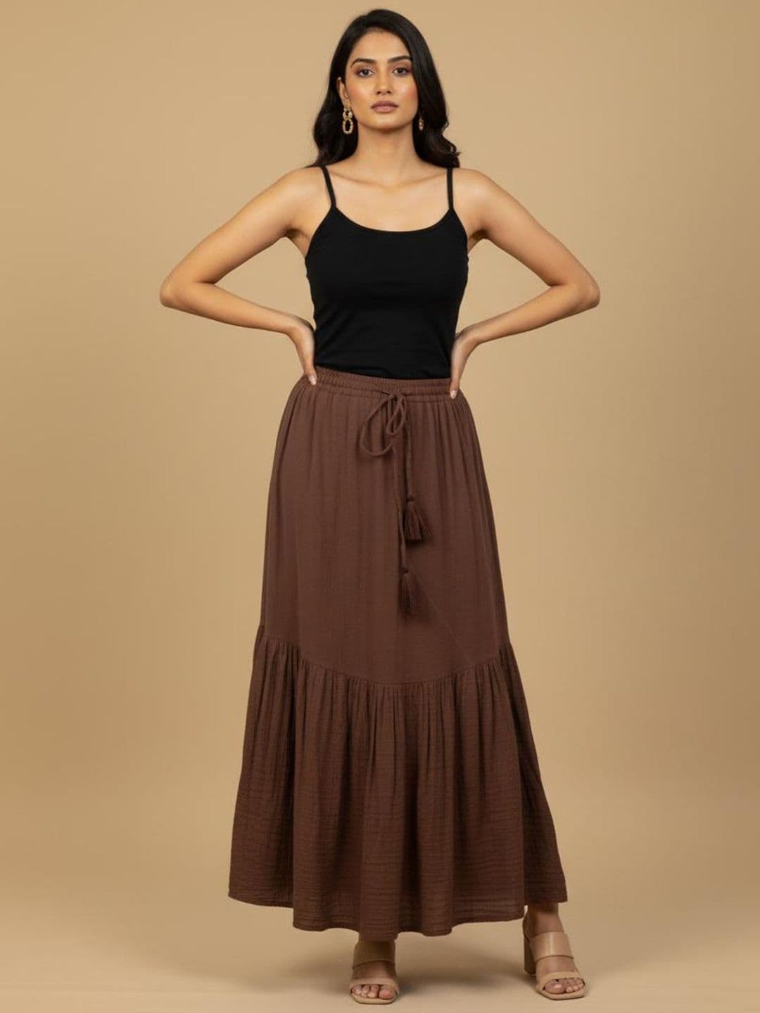 Veeralda Women Pure Cotton A-Line Maxi Skirt With Tassel Drawstring - view 1