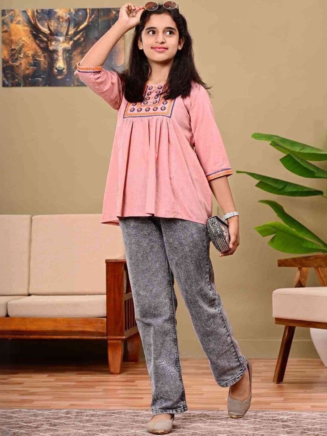 DMP FASHION Girls Embroidered Floral Cotton Top - view 1