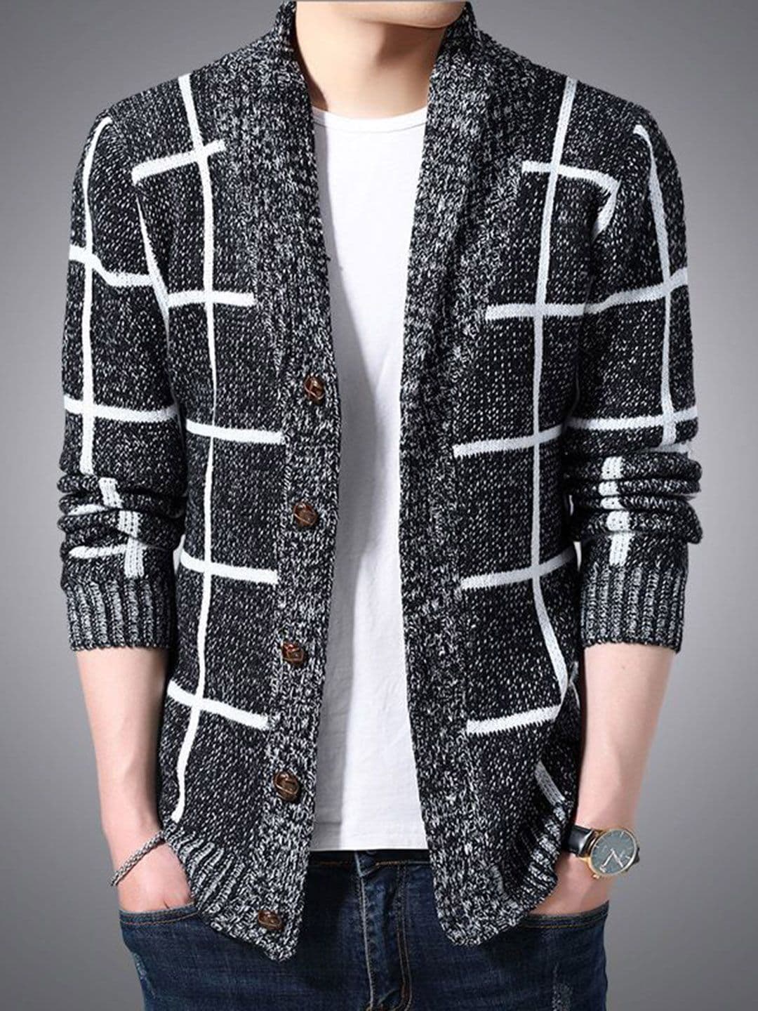 StyleCast Men Checked Shawl Collar Cotton Long Sleeves Jacket