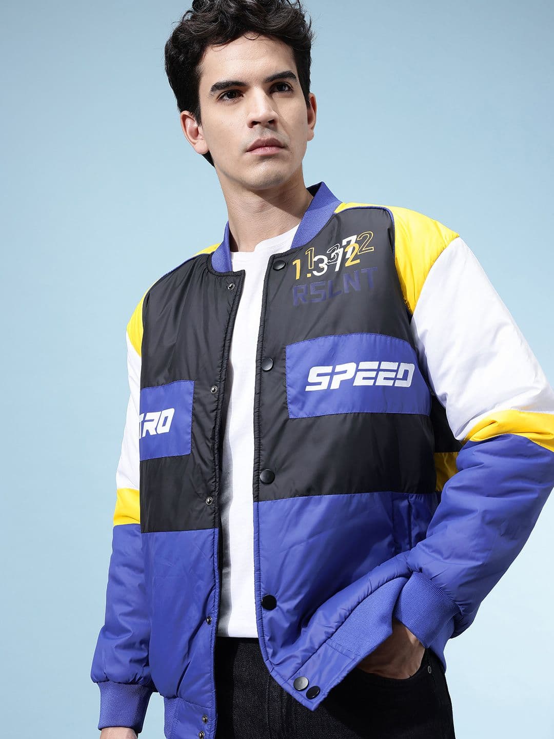 glitchez Men Colourblocked Varsity Jacket