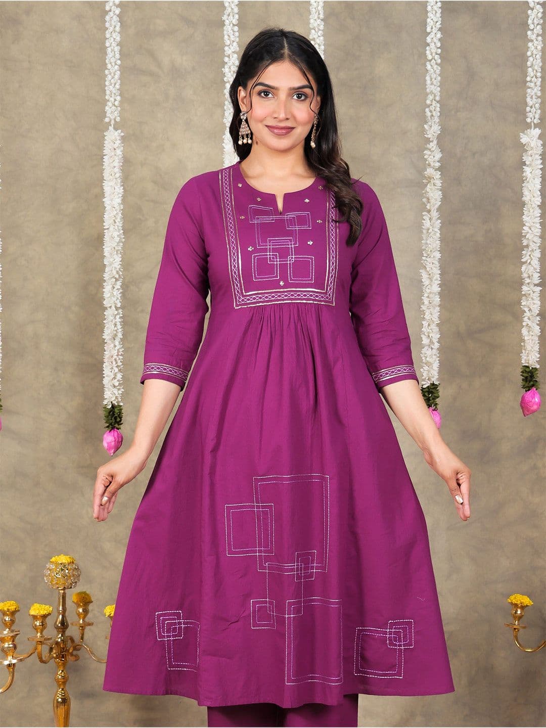 Aramya Women Geometric Embroidered Round Neck Sequinned Cotton Anarkali Kurta - view 1