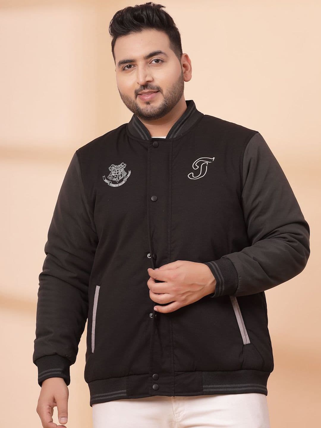 plusS Men Stand Collar Graphic Printed Varsity Jacket - view 1