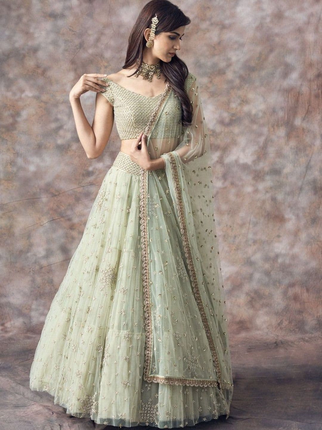 DREAM EXPORTER Pista Green Net Zari Sequence Embroidery Work Lehenga Choli - view 1