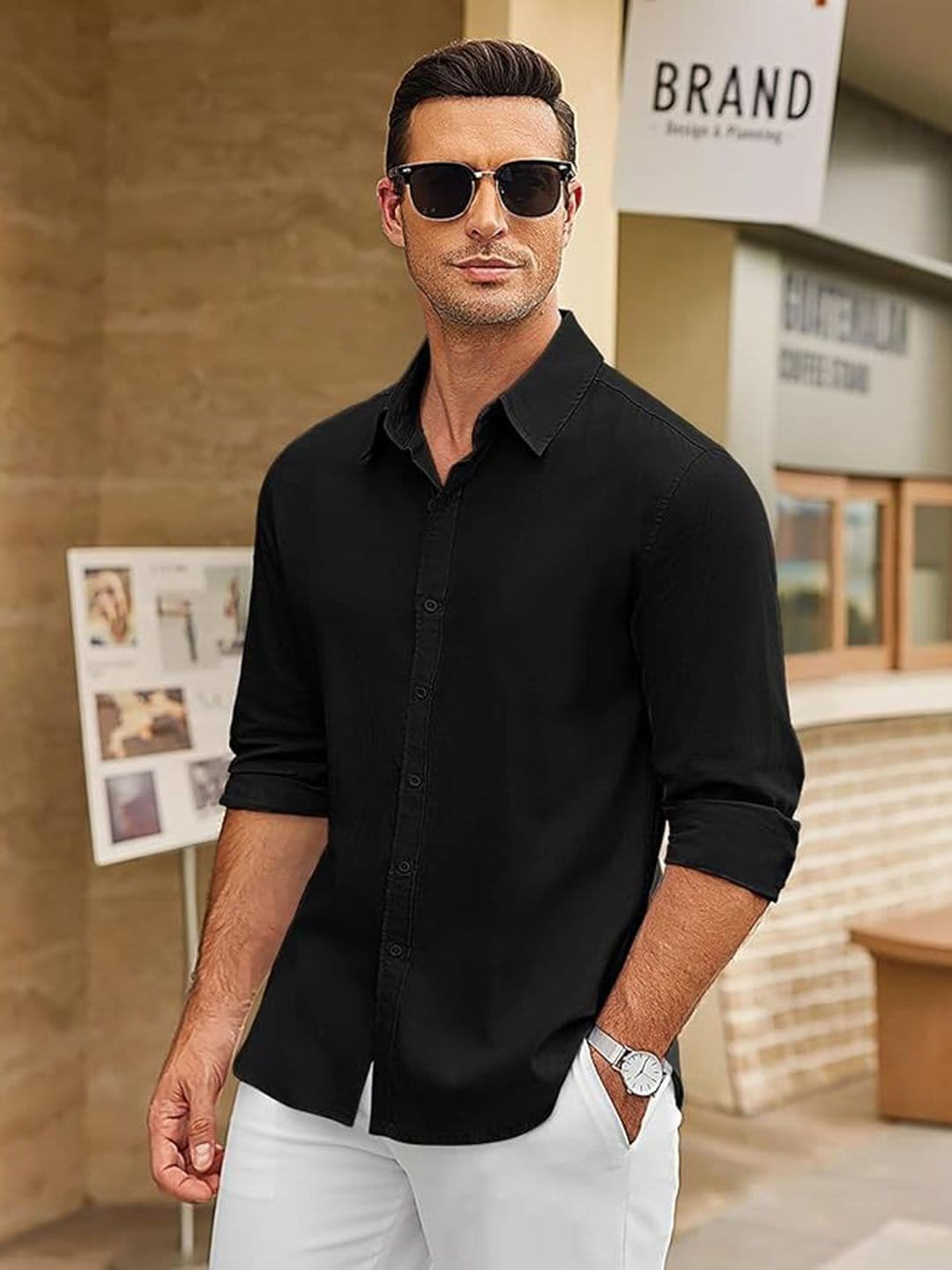 CB-COLEBROOK Men Solid Spread Collar Linen Casual Shirt - view 1