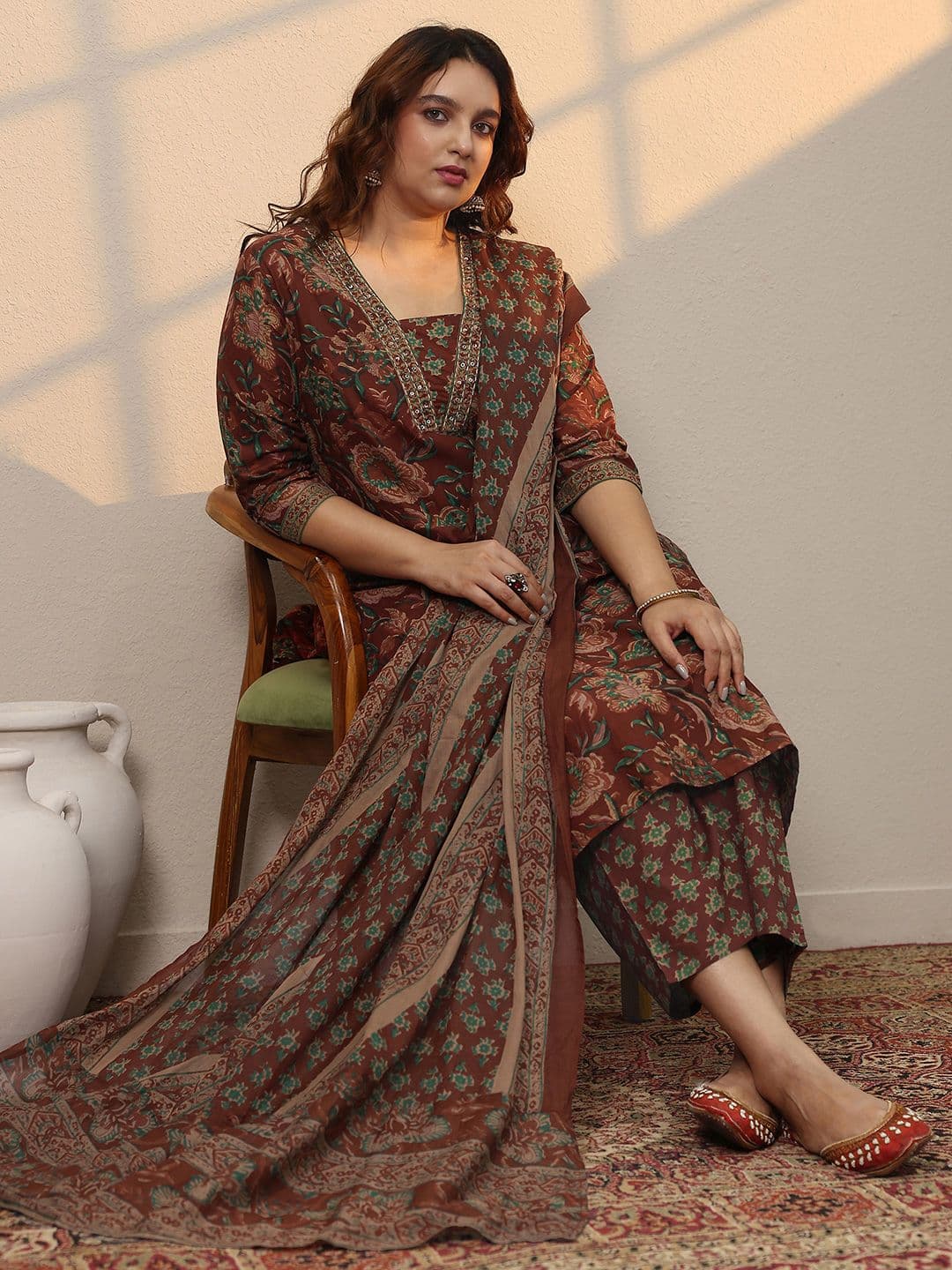 Extra Love By Libas Plus Size Floral Printed Regular Kurta With Trousers & Dupatta - view 1