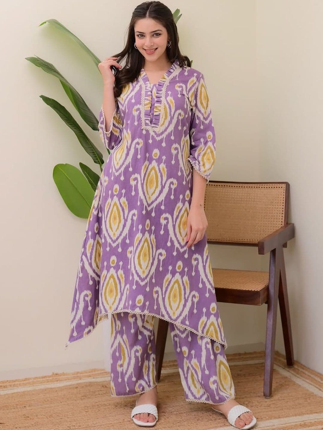 KAMODIAZ Ethnic Motifs Printed Pure Cotton A-Line Kurta With Palazzo - view 1