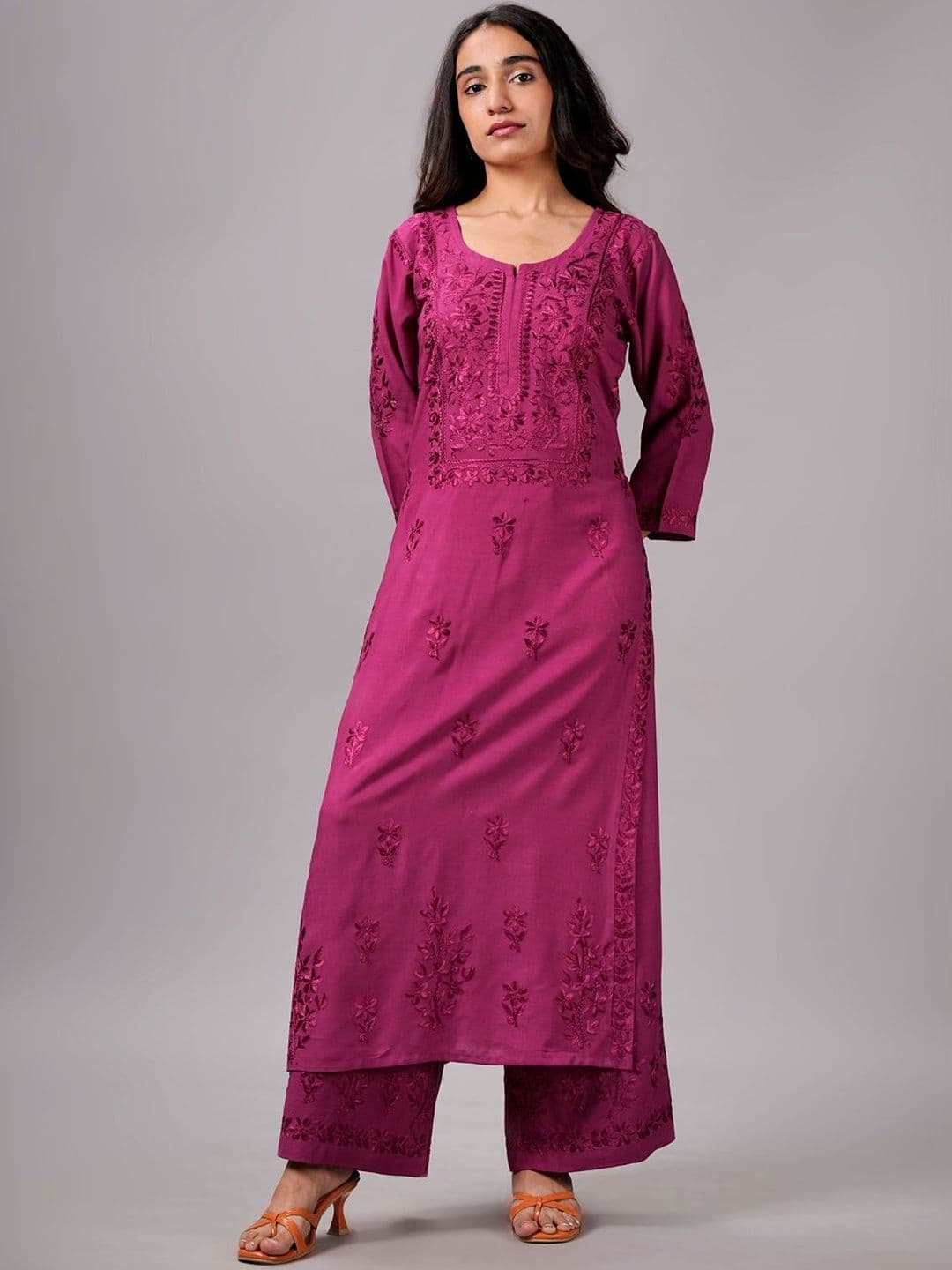 colorkosh Women Floral Purple Ethnic Motifs Embroidered Kurta with Palazzos Silk Set - view 1