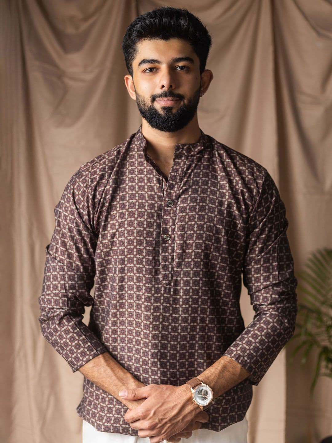 Rawayi Ethnic Motifs Printed Mandarin Collar Straight Linen Kurta - view 1