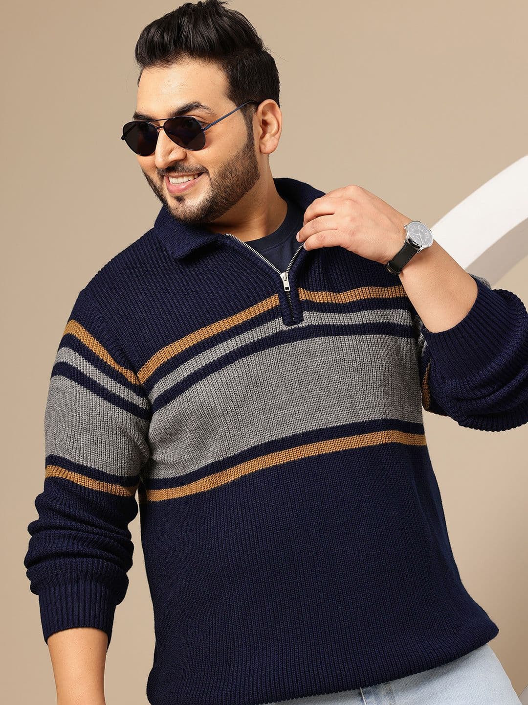 Sztori Plus Size Striped Knitted Pullover - view 1