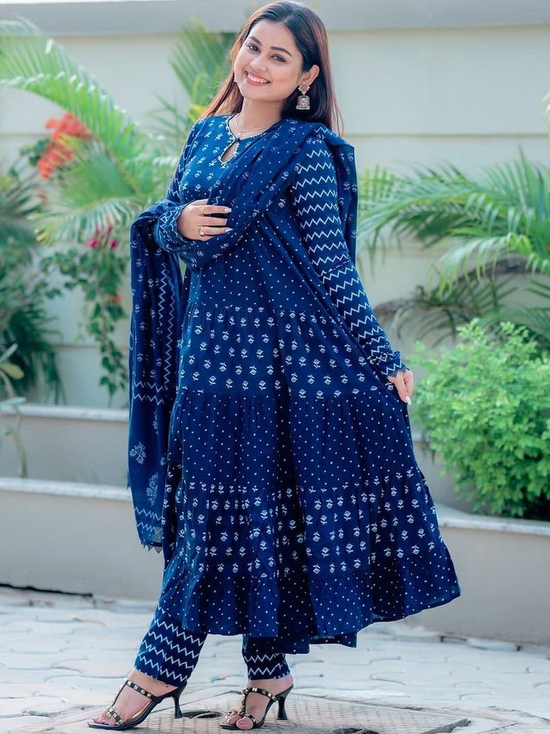 KAMODIAZ Women Ethnic Motifs Printed Tiered Pure Cotton Kurta with Trousers & Dupatta - view 1