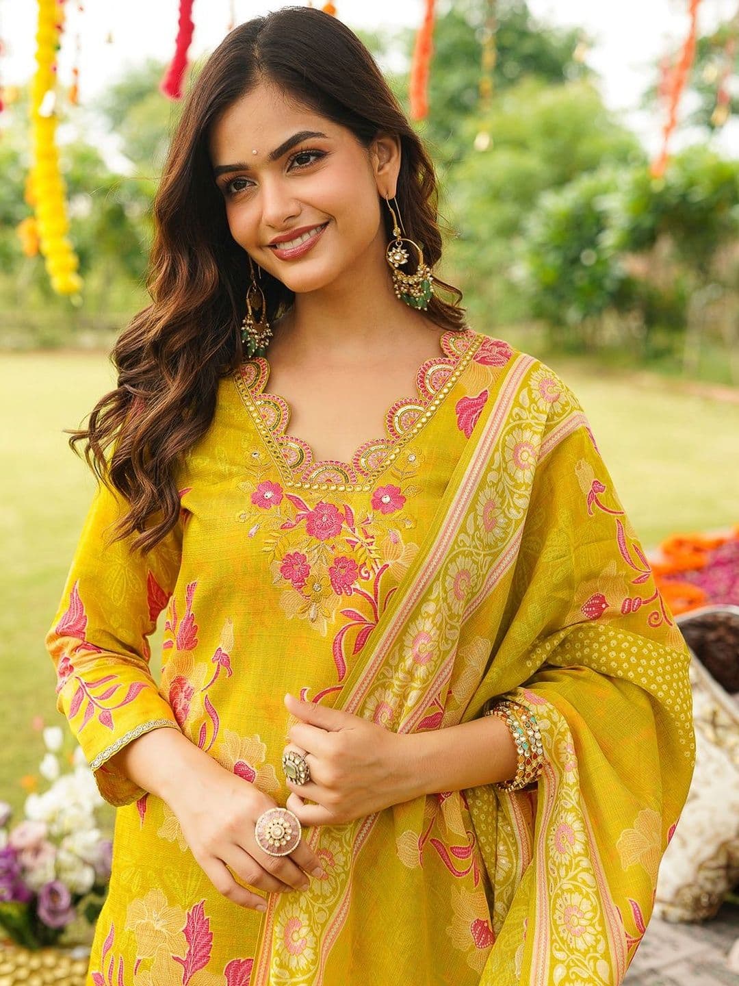 KALINI Floral Printed V-Neck Straight Kurta With Trousers & Dupatta - view 1