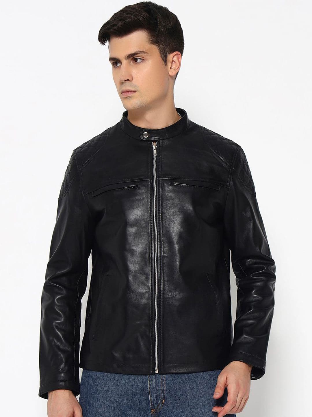 MaheTri Men Mandarin Collar Signature Black Leather Jacket - view 1