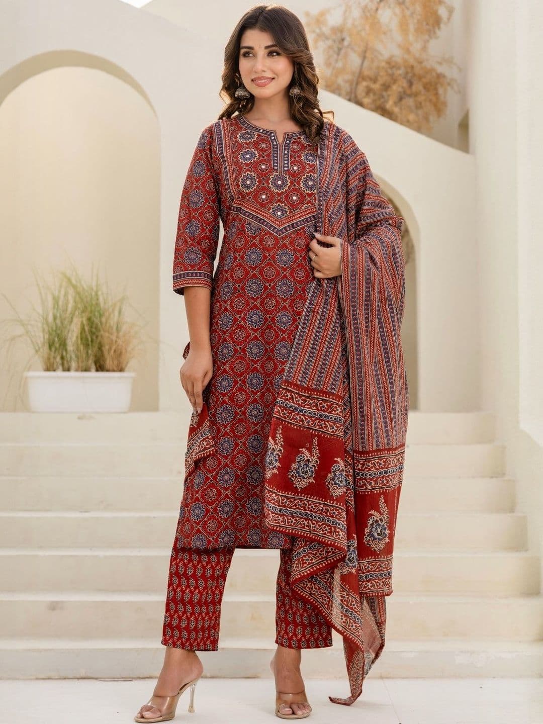 Kohsh Women Ethnic Motifs Printed Cotton Kurta with Trousers & Dupatta - view 1