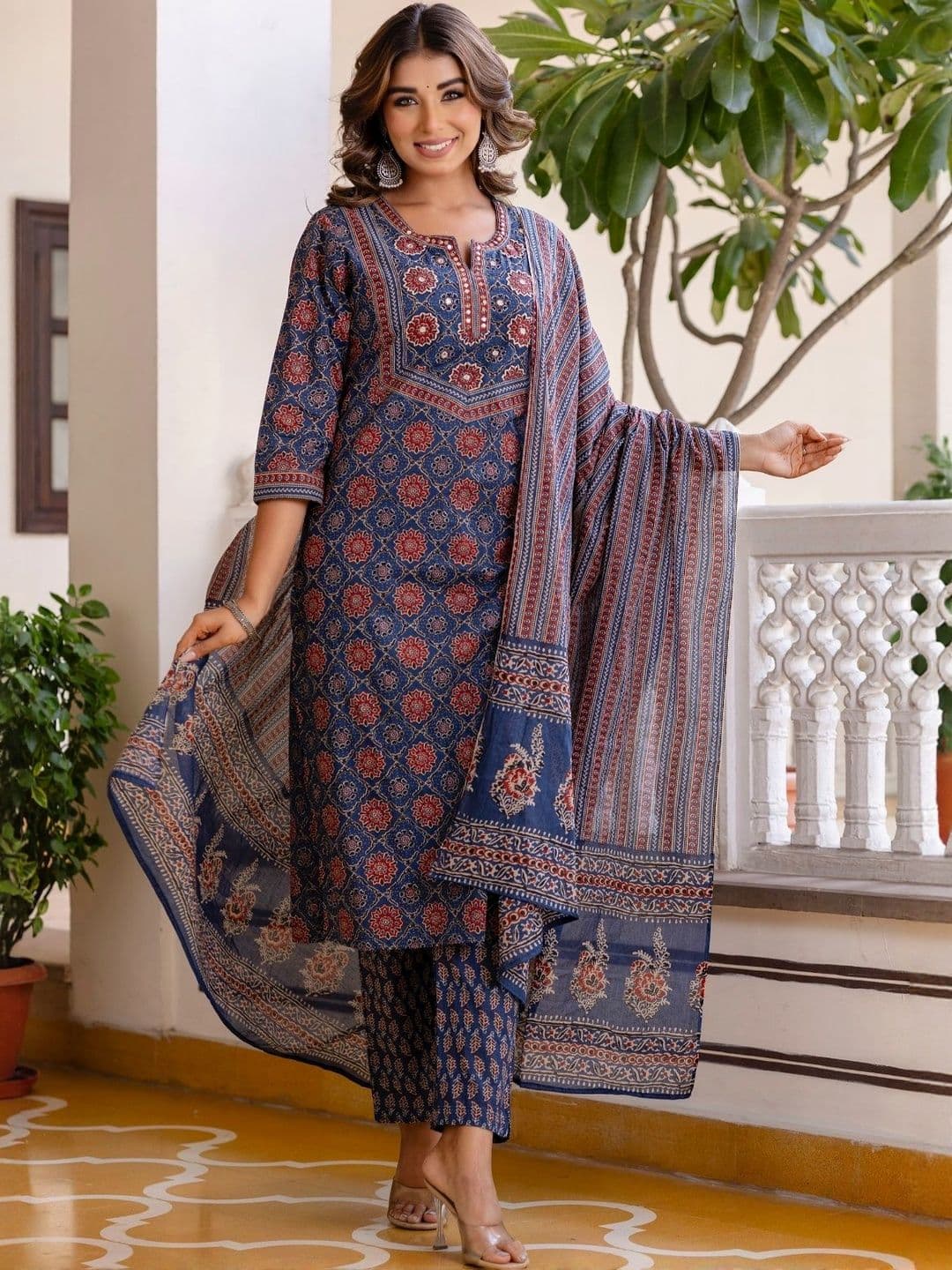 Kohsh Women Ethnic Motifs Printed Cotton Kurta with Trousers & Dupatta - view 1