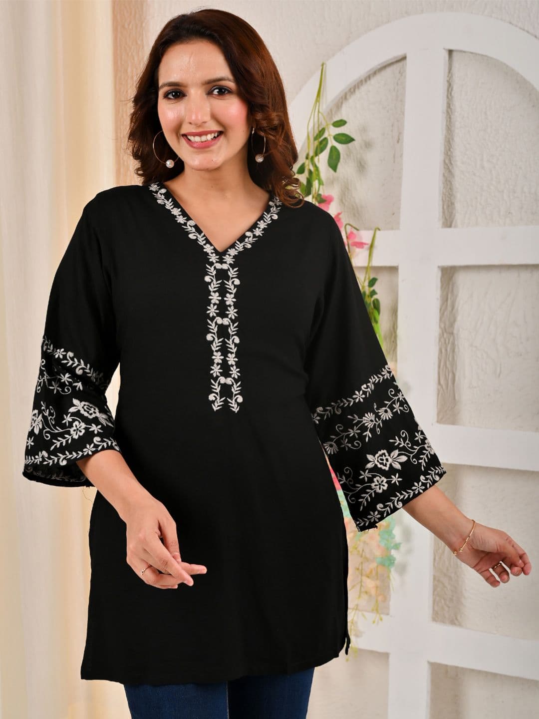Mahiras Comfort Floral Embroidered Flared Sleeves Thread Work Kurti - view 1