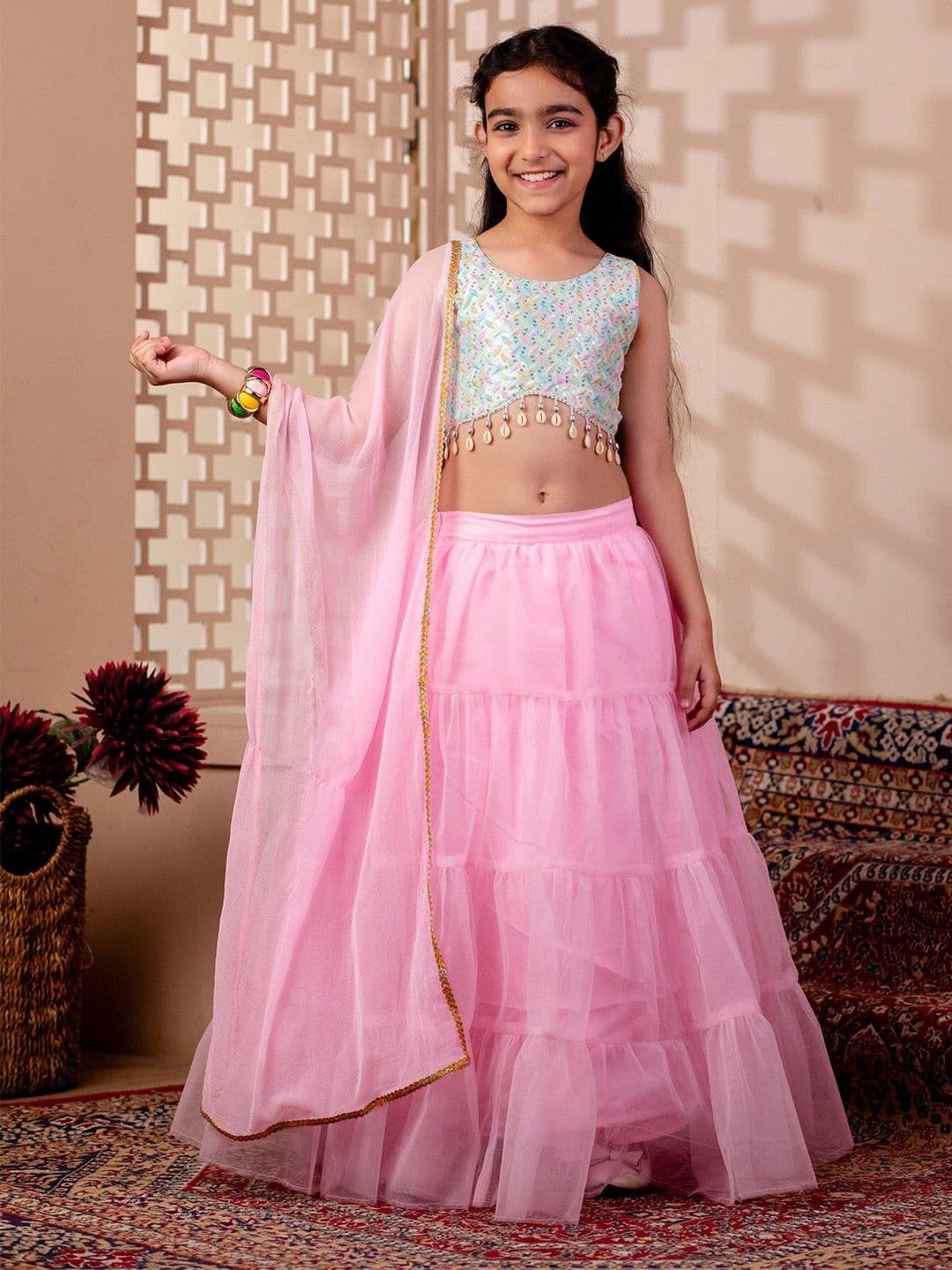 Cutiediva Girls Embroidered Beads & Stones Ready To Wear Lehenga & Choli & Dupatta - view 1