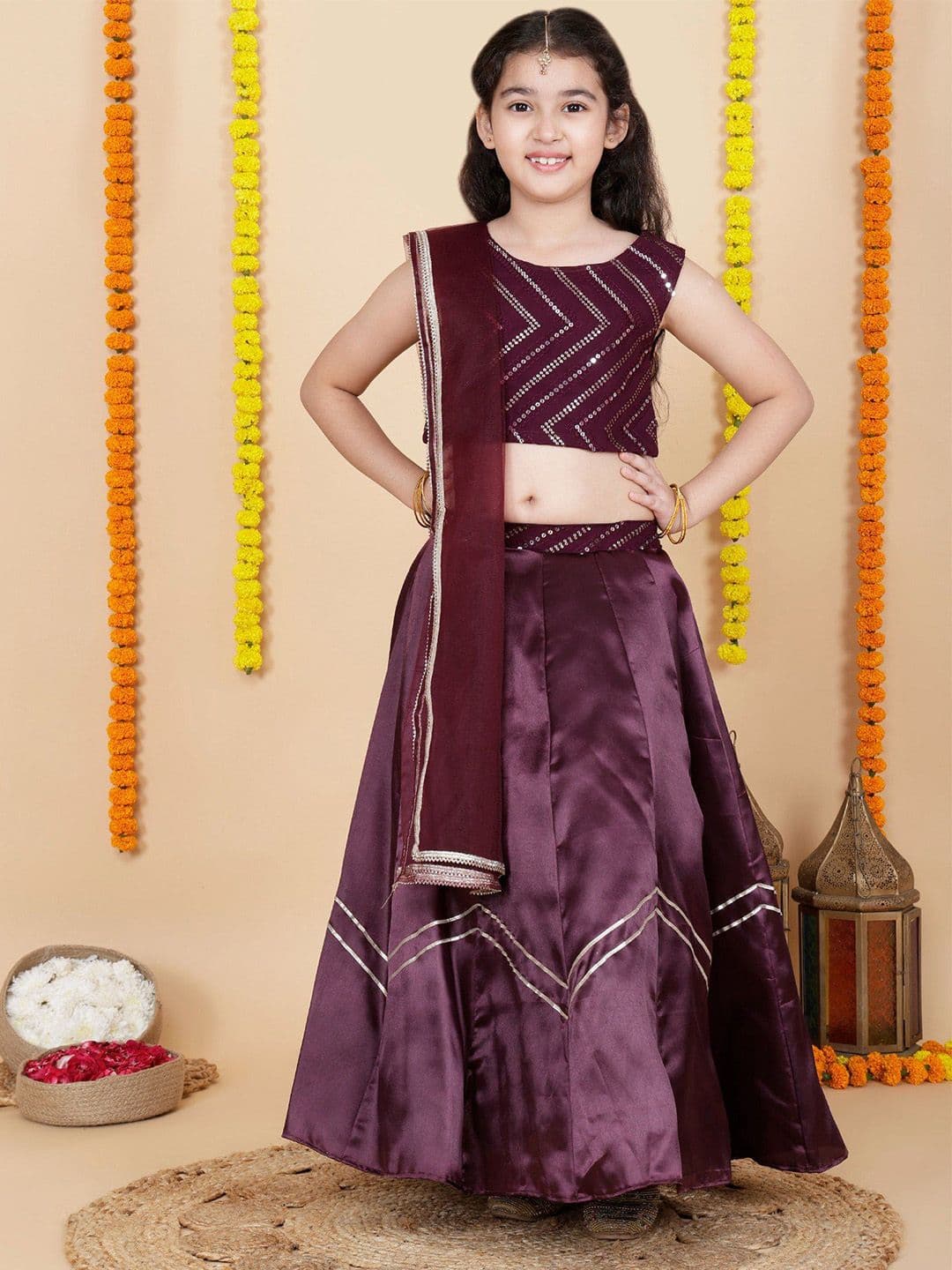 Cutiediva Girls Embroidered Sequinned Ready To Wear Lehenga & Choli - view 1