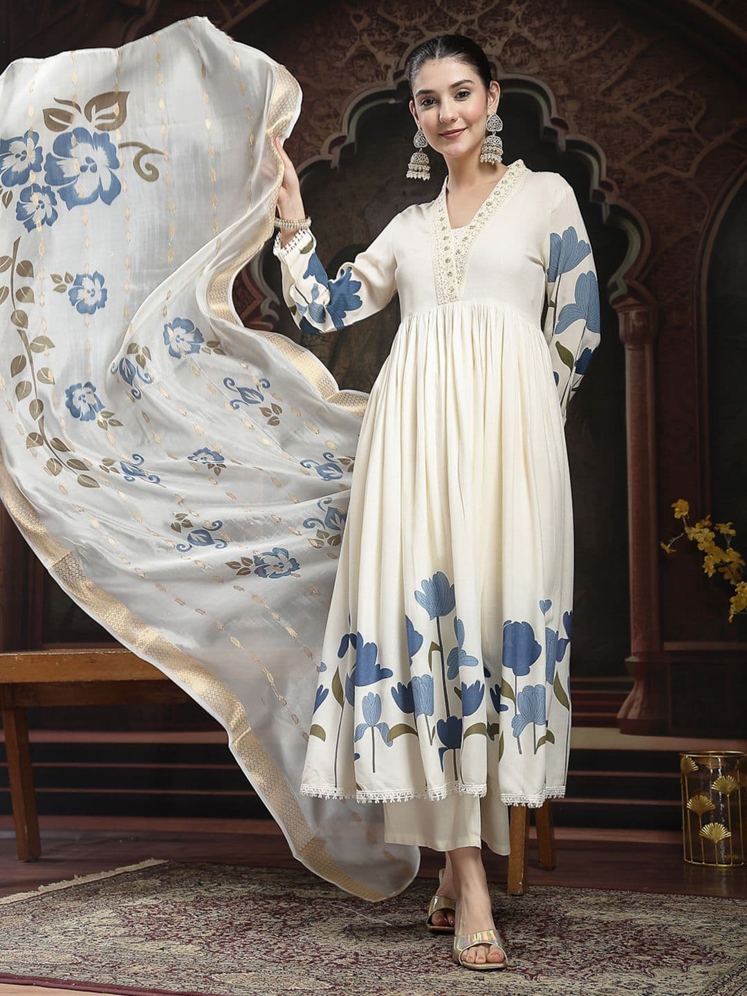 Stylum Women Floral Printed Empire Sequinned Kurta with Trousers & Dupatta - view 1