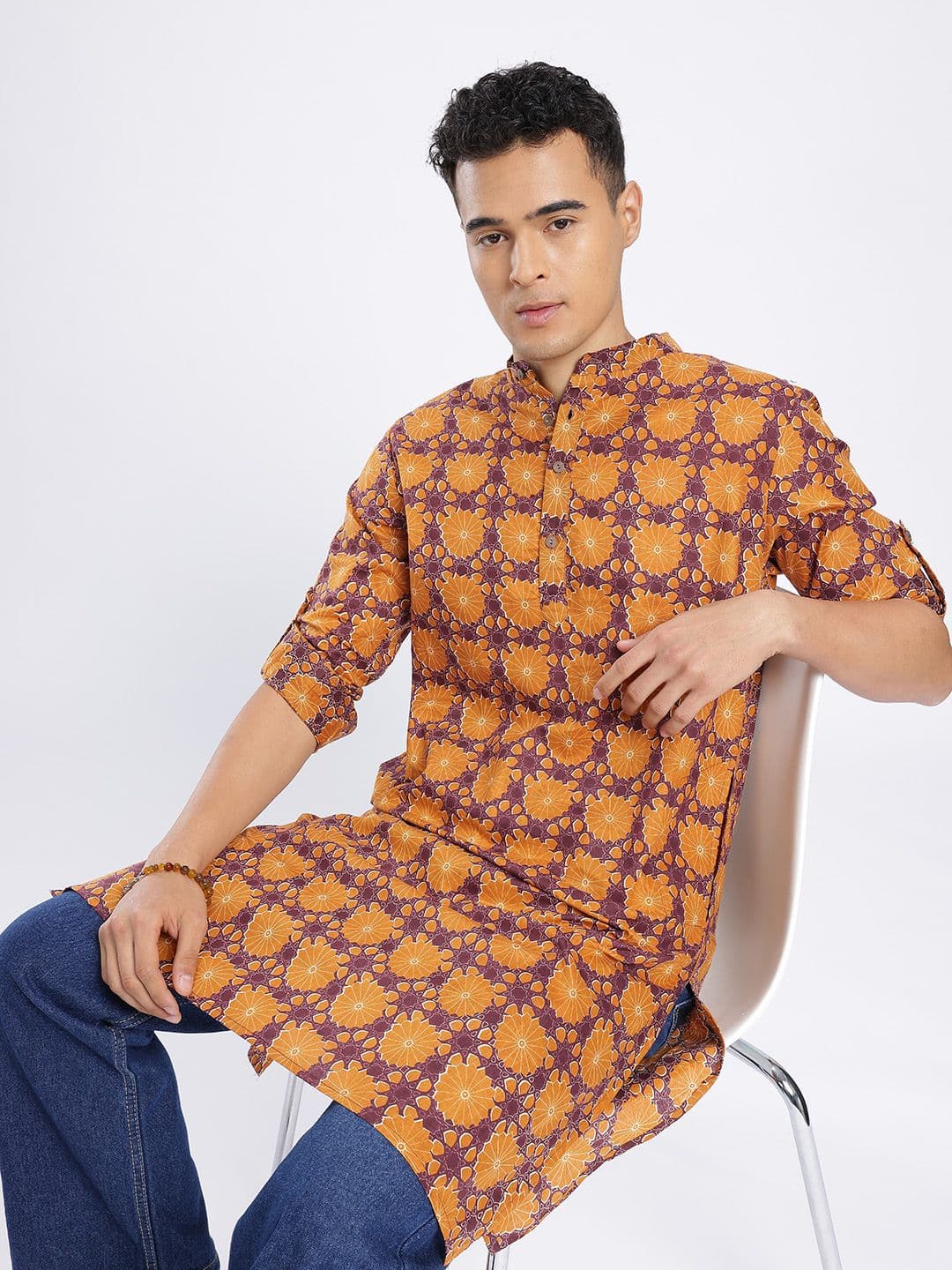 Anouk Rustic Floral Printed Band Collar Roll-Up Sleeves Kurta - view 1