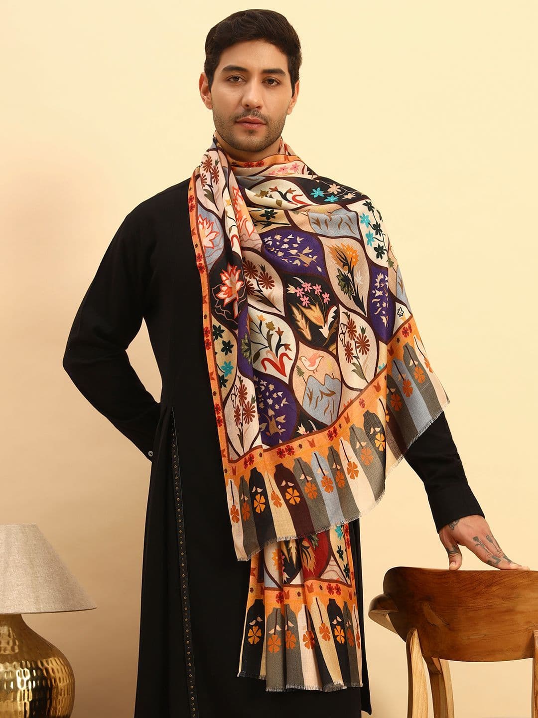 Pashmoda Men Floral Printed Stole With Frayed Border - view 1