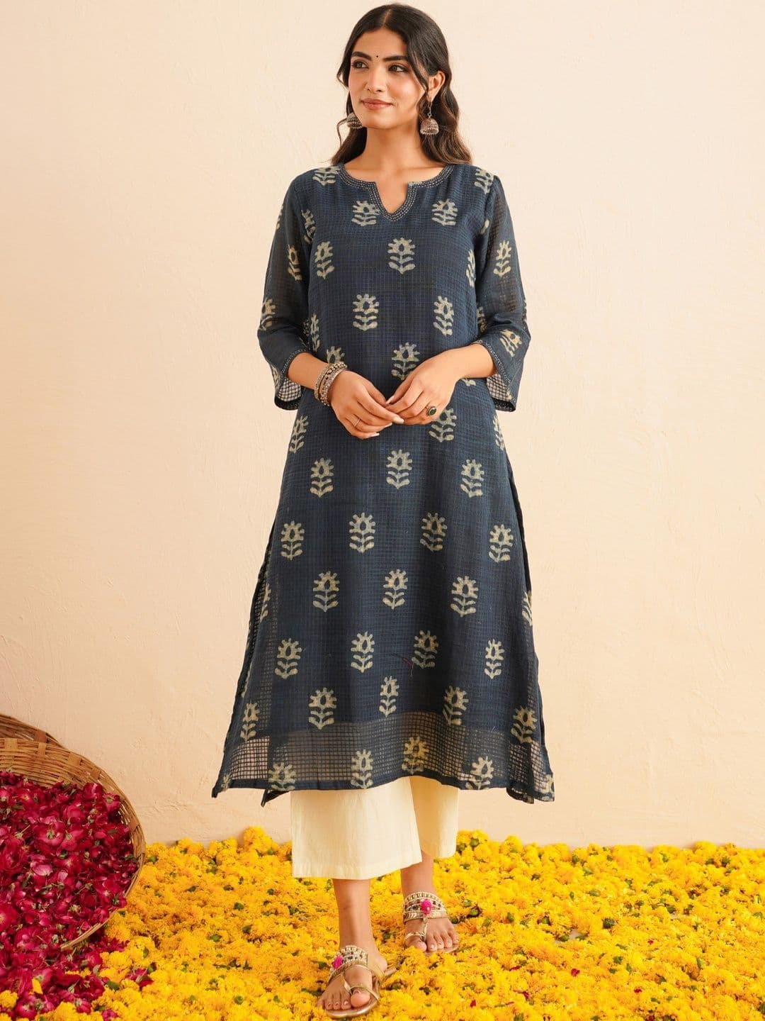GOODHAND Ethnic Motifs Printed Notch Neck Pure Cotton Straight Kurta With Trousers - view 1