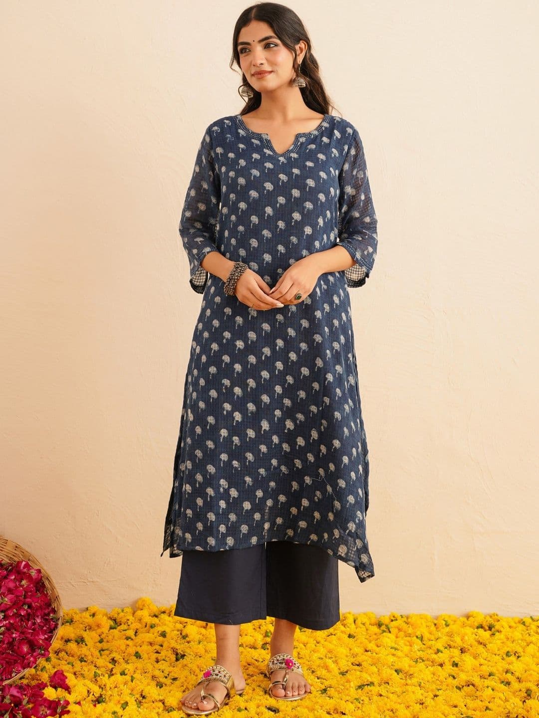 GOODHAND Floral Printed Notch Neck Cotton Kurta & Palazzo - view 1