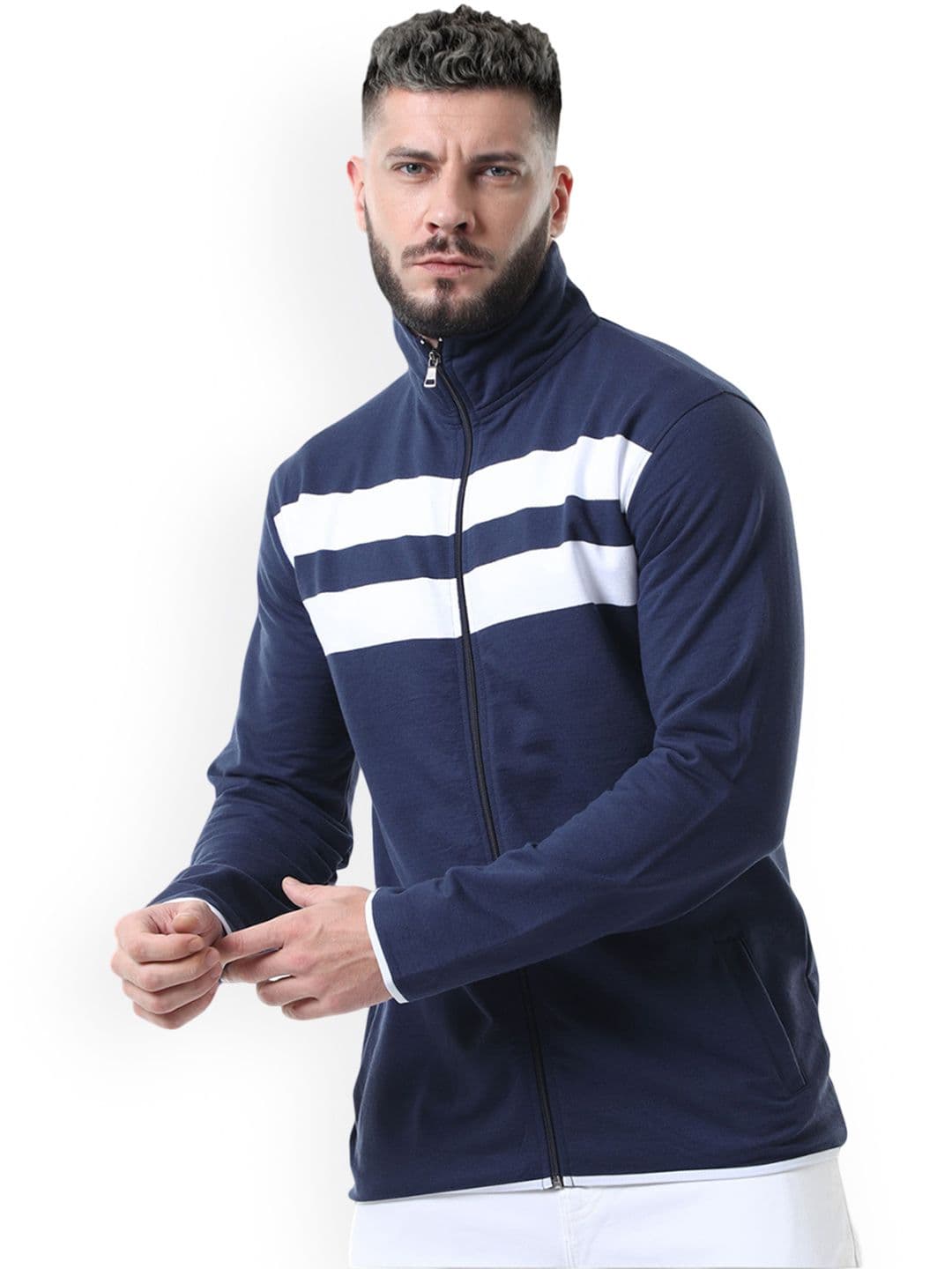 fanideaz Men Mock Collar Striped Open Front Jacket - view 1
