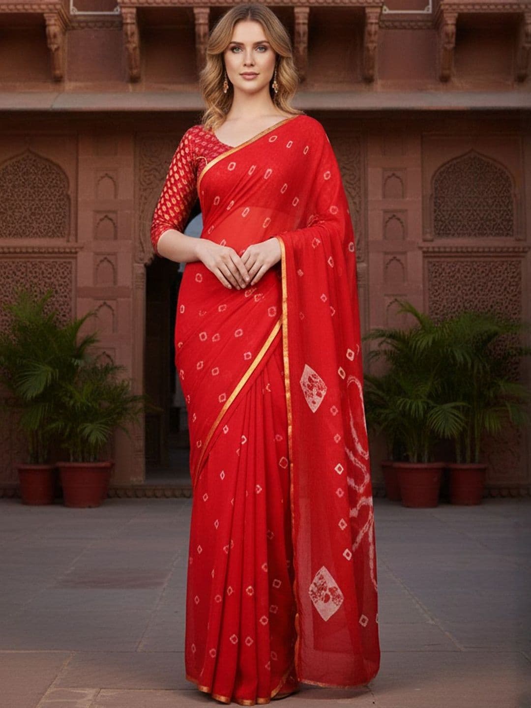 CLAFOUTIS Bandhani Printed Zari Bandhani Saree With Blouse Piece - view 1
