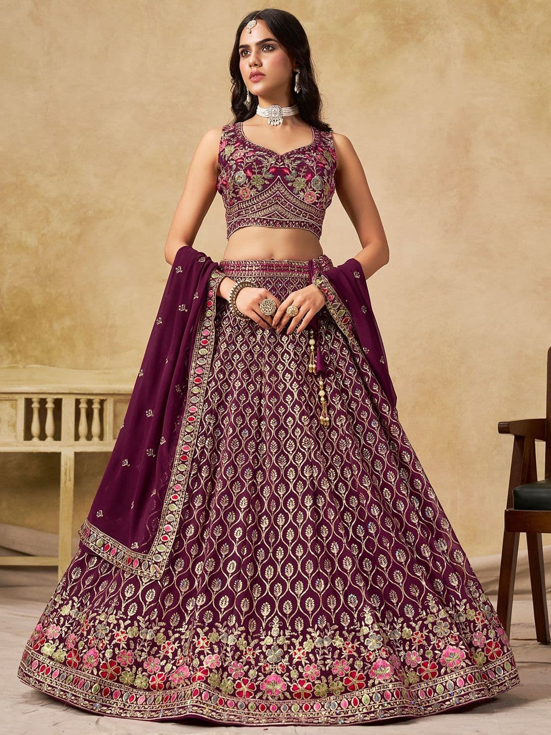 ETHNIC PLUS Sequinned Embroidered Lehenga Choli With Dupatta - view 1